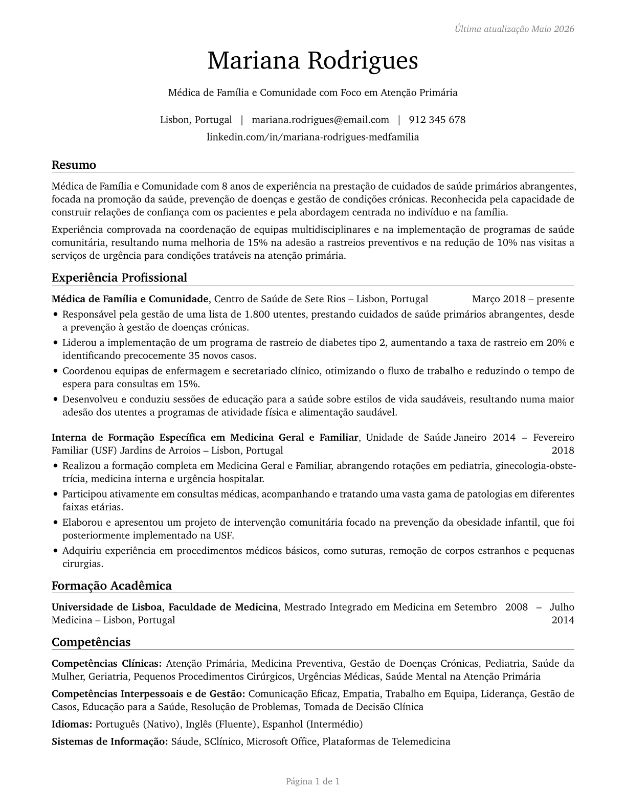 Family Medicine Physicians CV in Portuguese — page 1