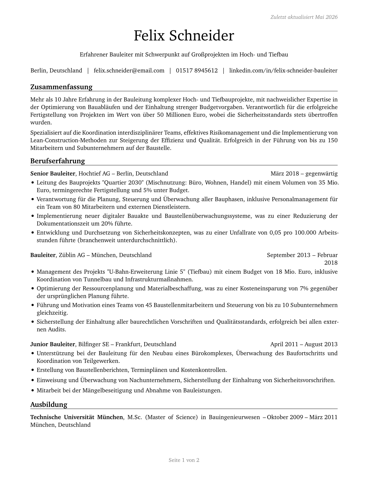 Construction Managers CV in German — page 1