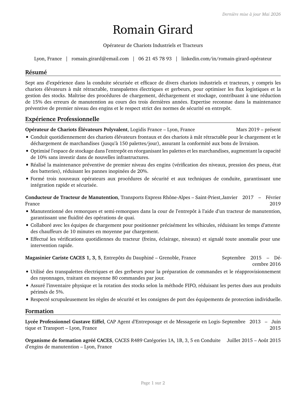 Industrial Truck and Tractor Operators CV in French — page 1