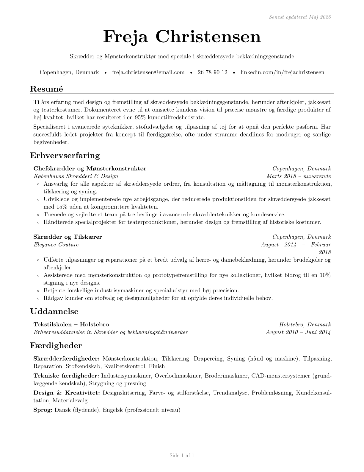 Tailors, Dressmakers, and Custom Sewers CV in Danish — page 1