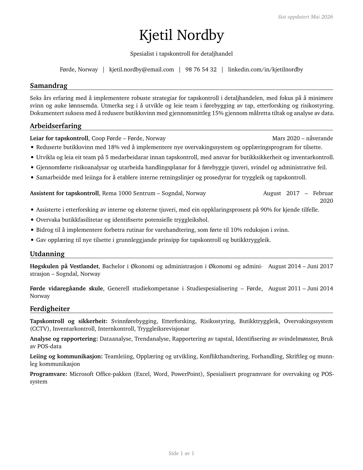 Retail Loss Prevention Specialists CV in Norwegian_nynorsk — page 1