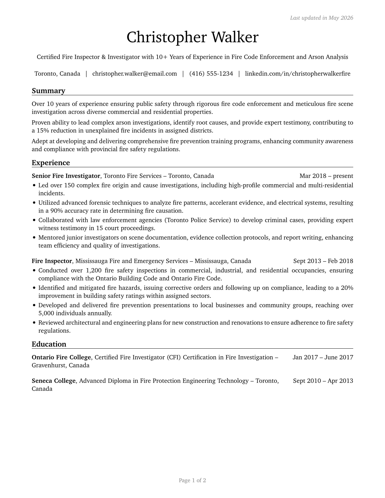Fire Inspectors and Investigators CV in English — page 1