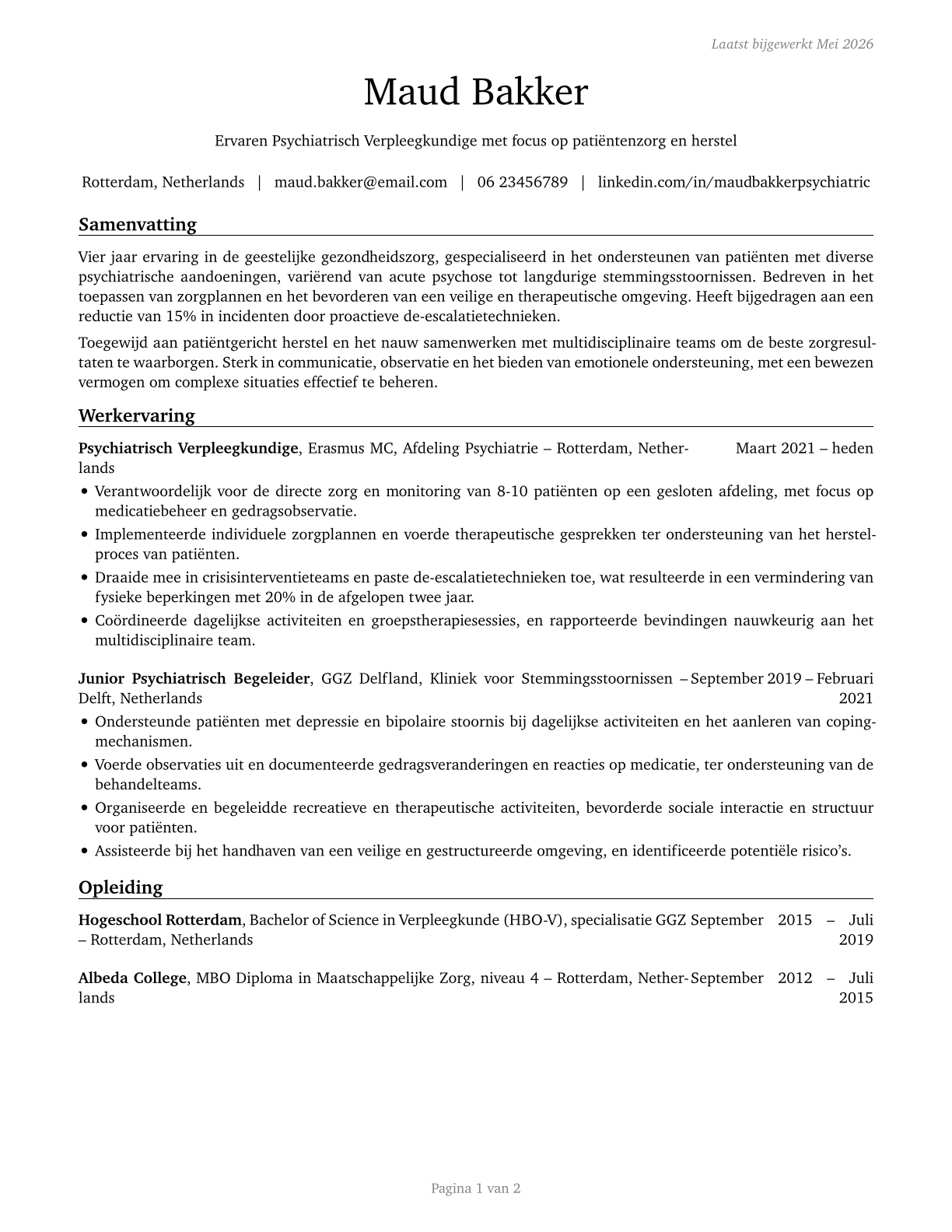 Psychiatric Aides CV in Dutch — page 1