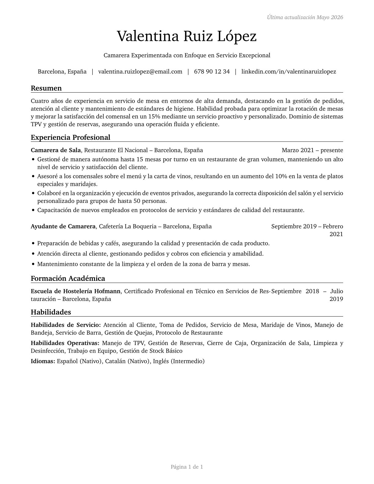 Waiters and Waitresses CV in Spanish — page 1