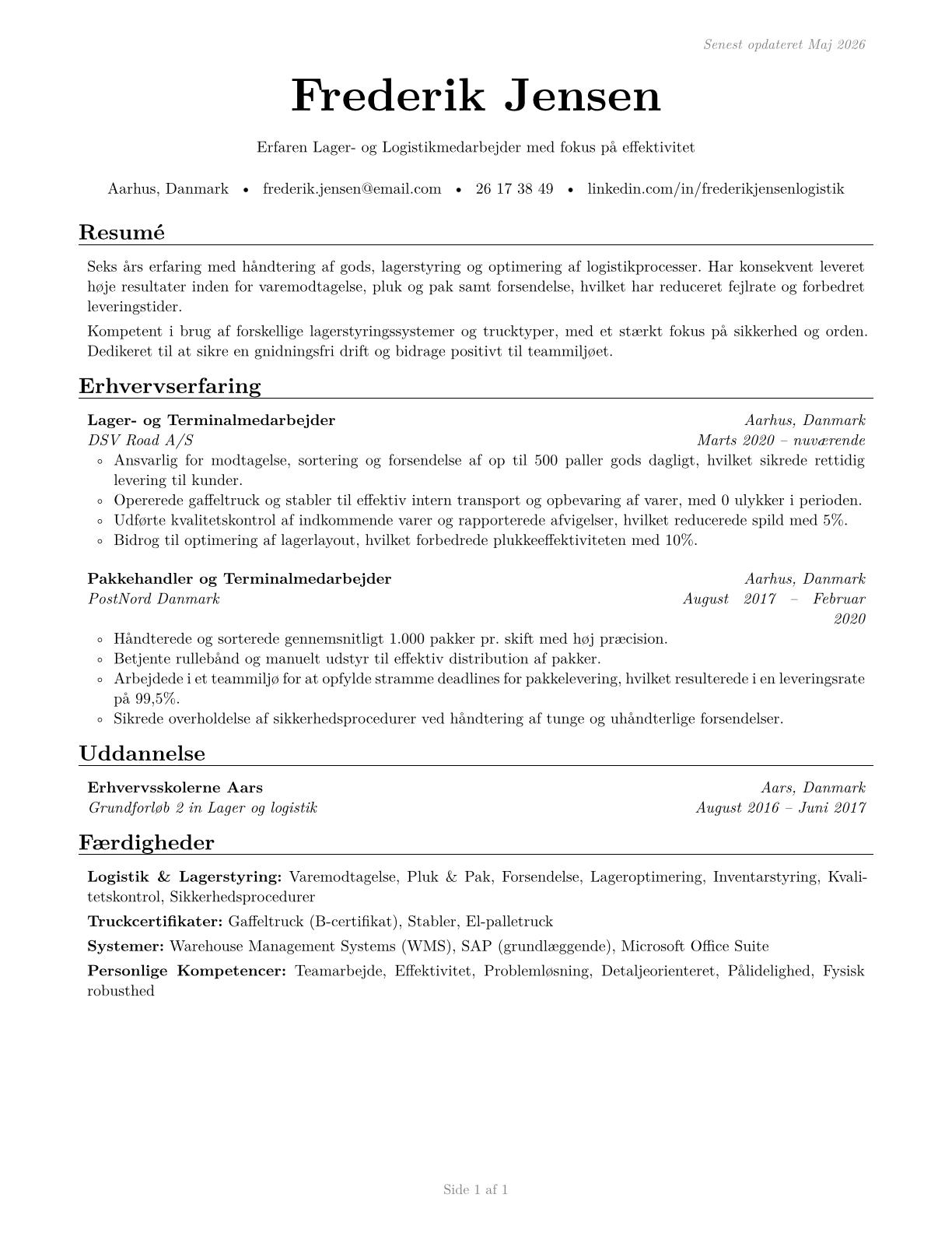 Laborers and Freight, Stock, and Material Movers, Hand CV in Danish — page 1