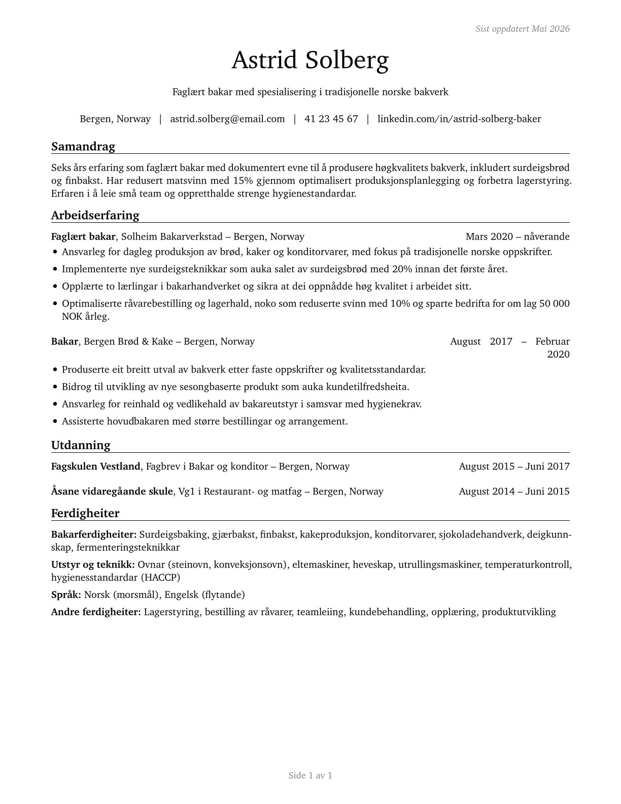 Bakers CV in Norwegian_nynorsk — page 1