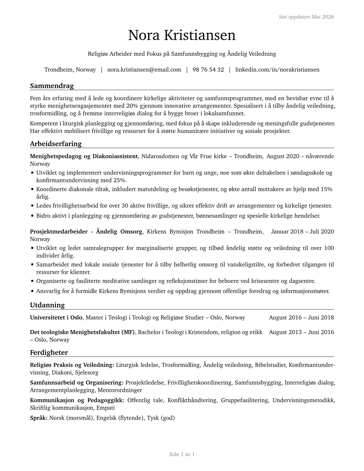 Religious Workers, All Other CV in Norwegian_bokmal — page 1