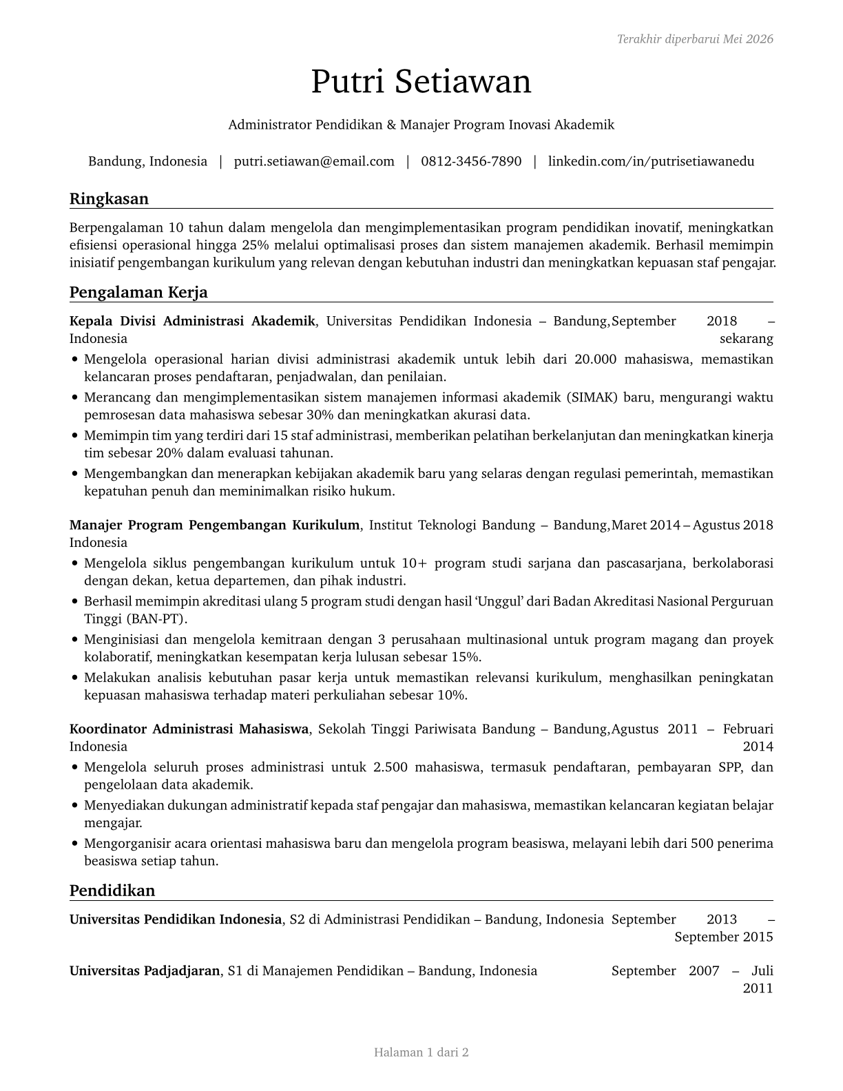 Education Administrators, All Other CV in Indonesian — page 1