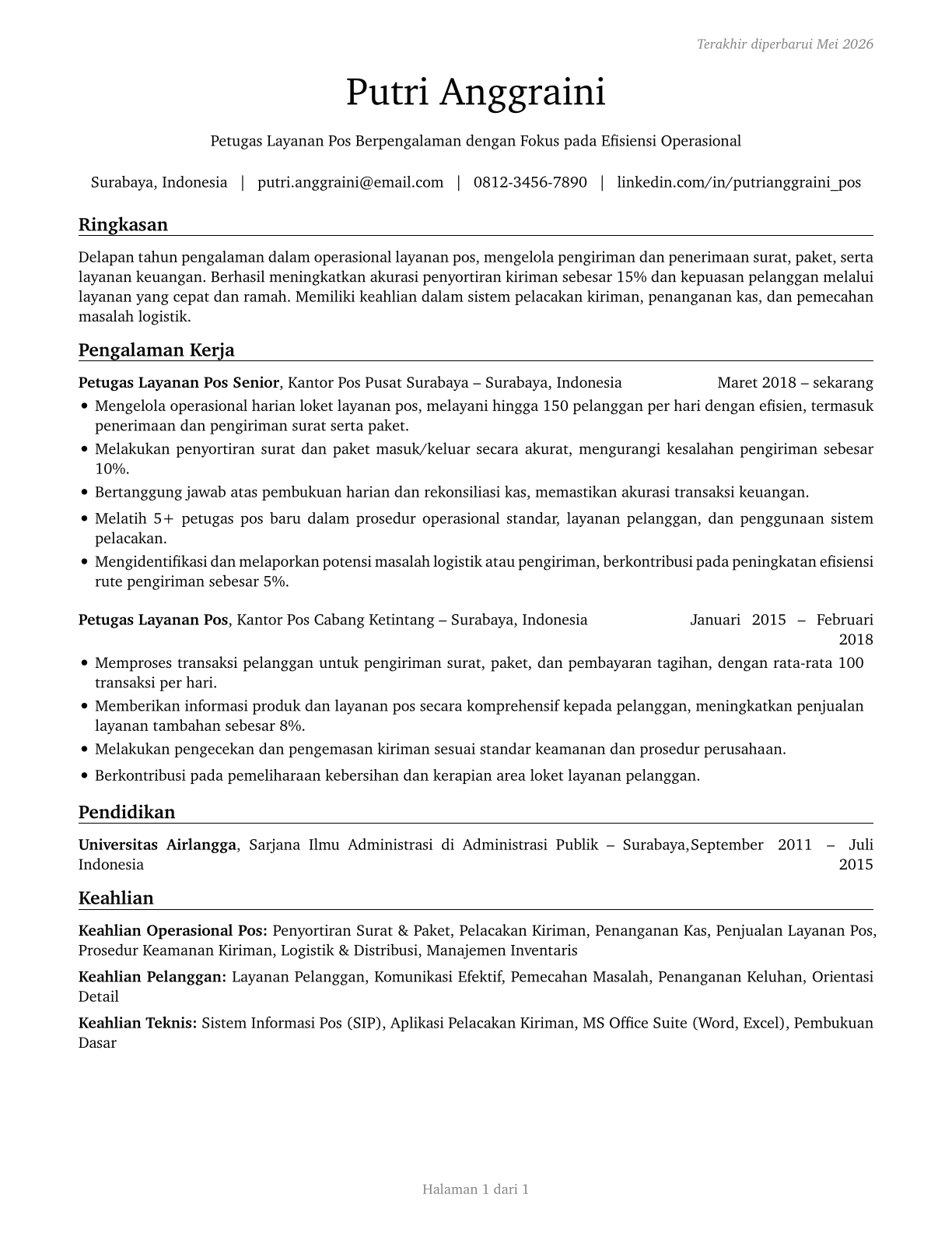 Postal Service Clerks CV in Indonesian — page 1