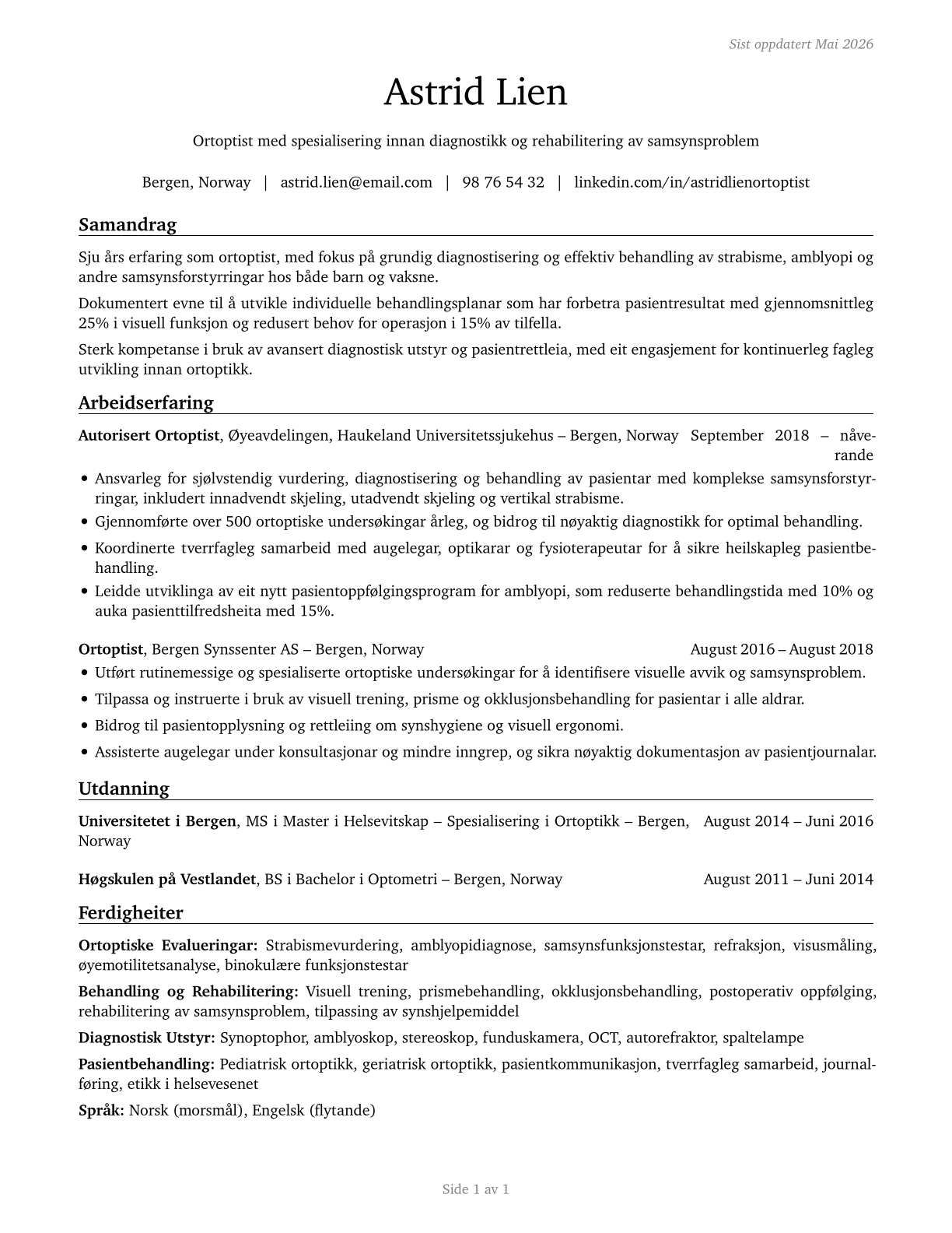 Orthoptists CV in Norwegian_nynorsk — page 1