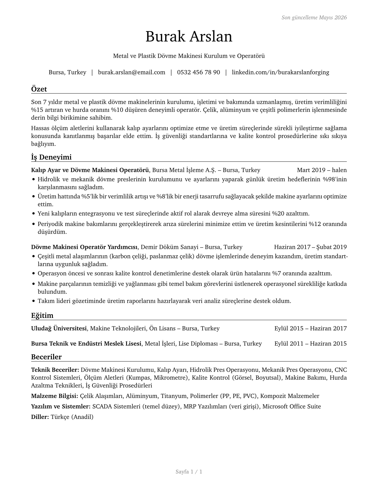 Forging Machine Setters, Operators, and Tenders, Metal and Plastic CV in Turkish — page 1