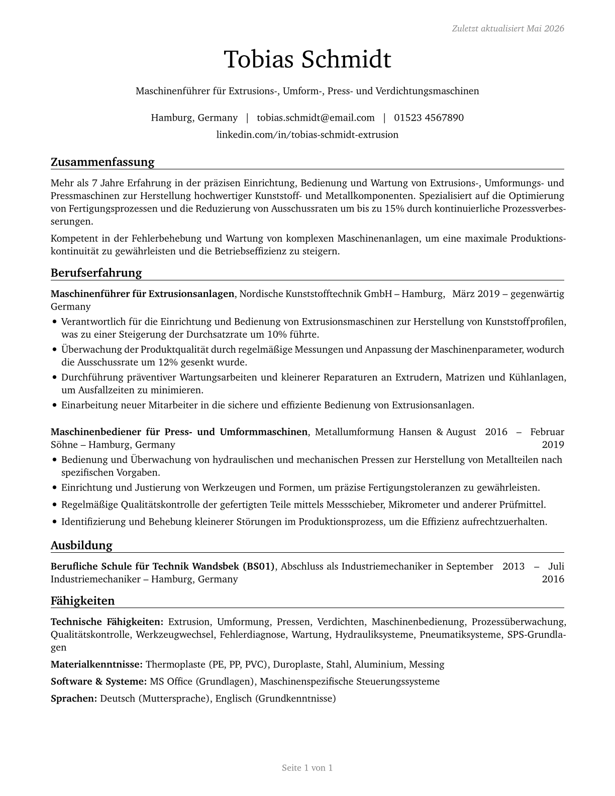 Extruding, Forming, Pressing, and Compacting Machine Setters, Operators, and Tenders CV in German — page 1