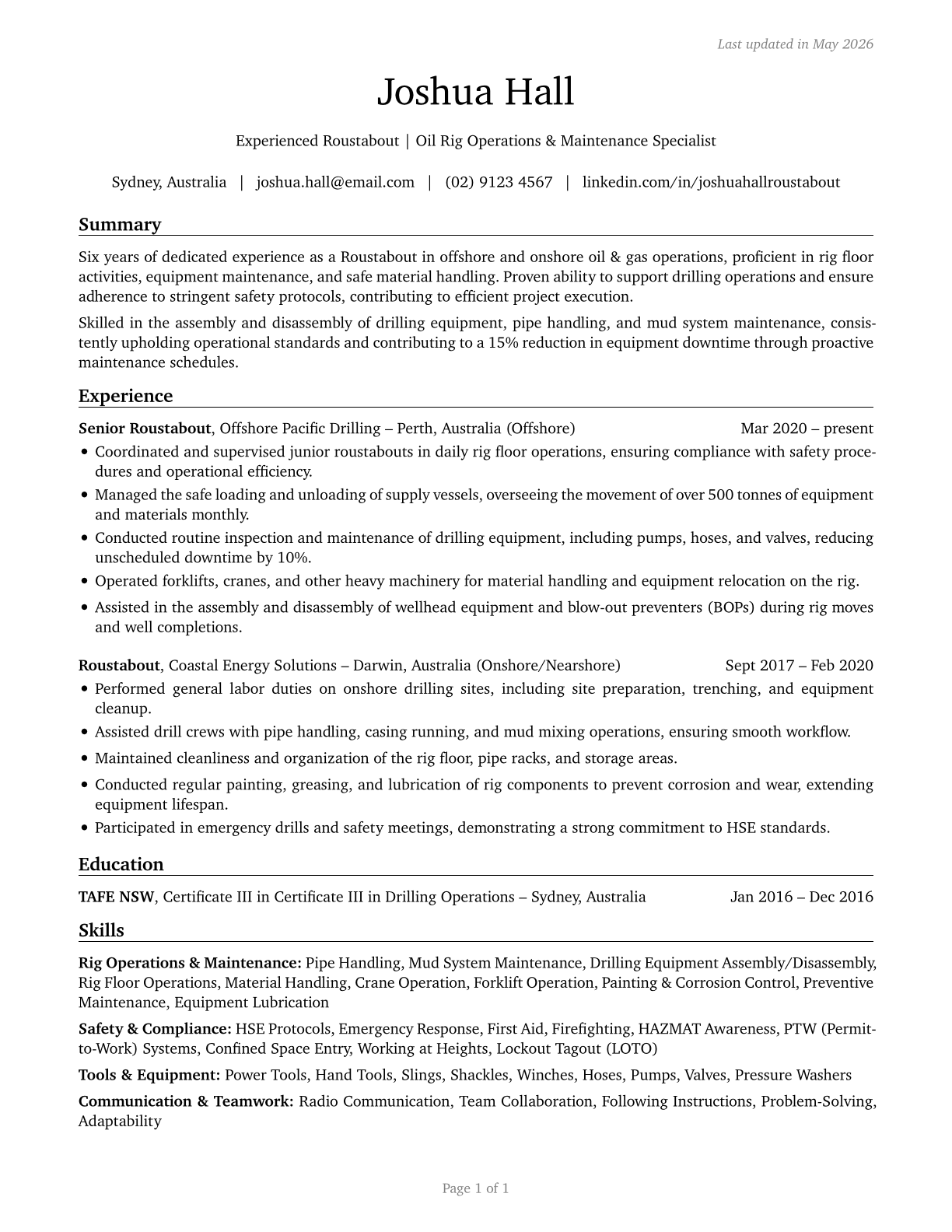 Roustabouts, Oil and Gas CV in English — page 1
