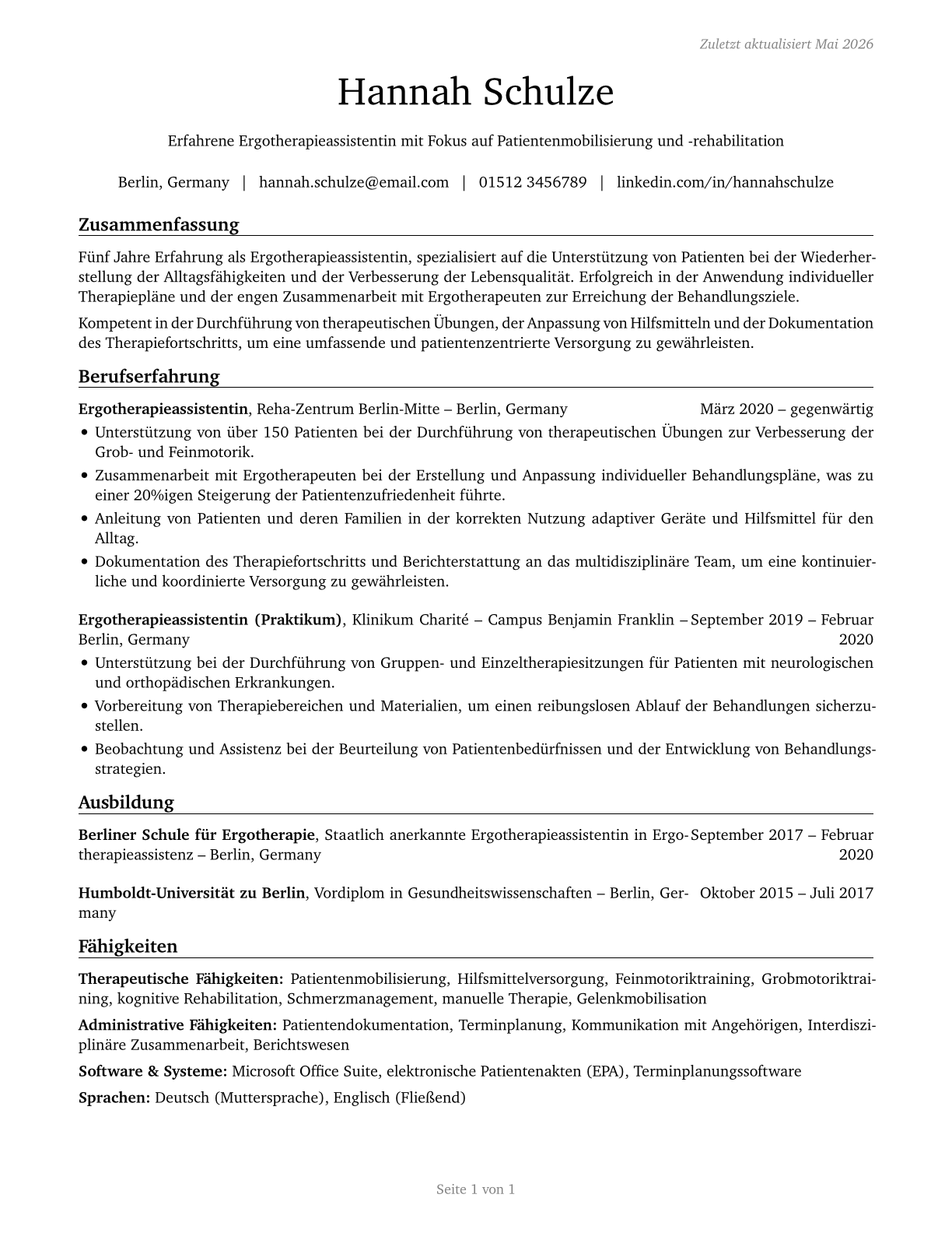 Occupational Therapy Aides CV in German — page 1