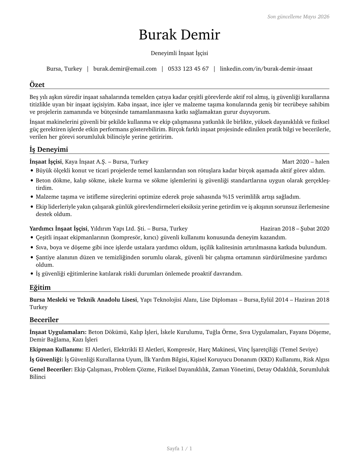 Construction Laborers CV in Turkish — page 1