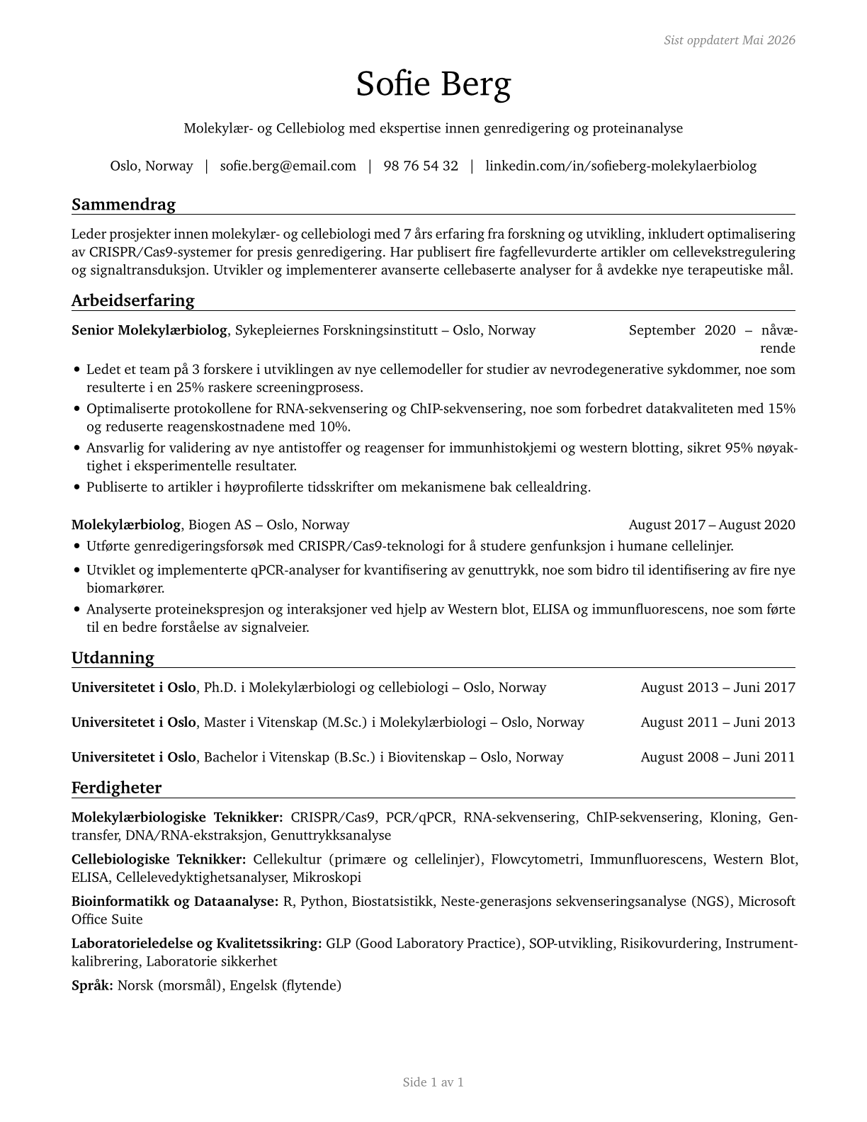 Molecular and Cellular Biologists CV in Norwegian_bokmal — page 1