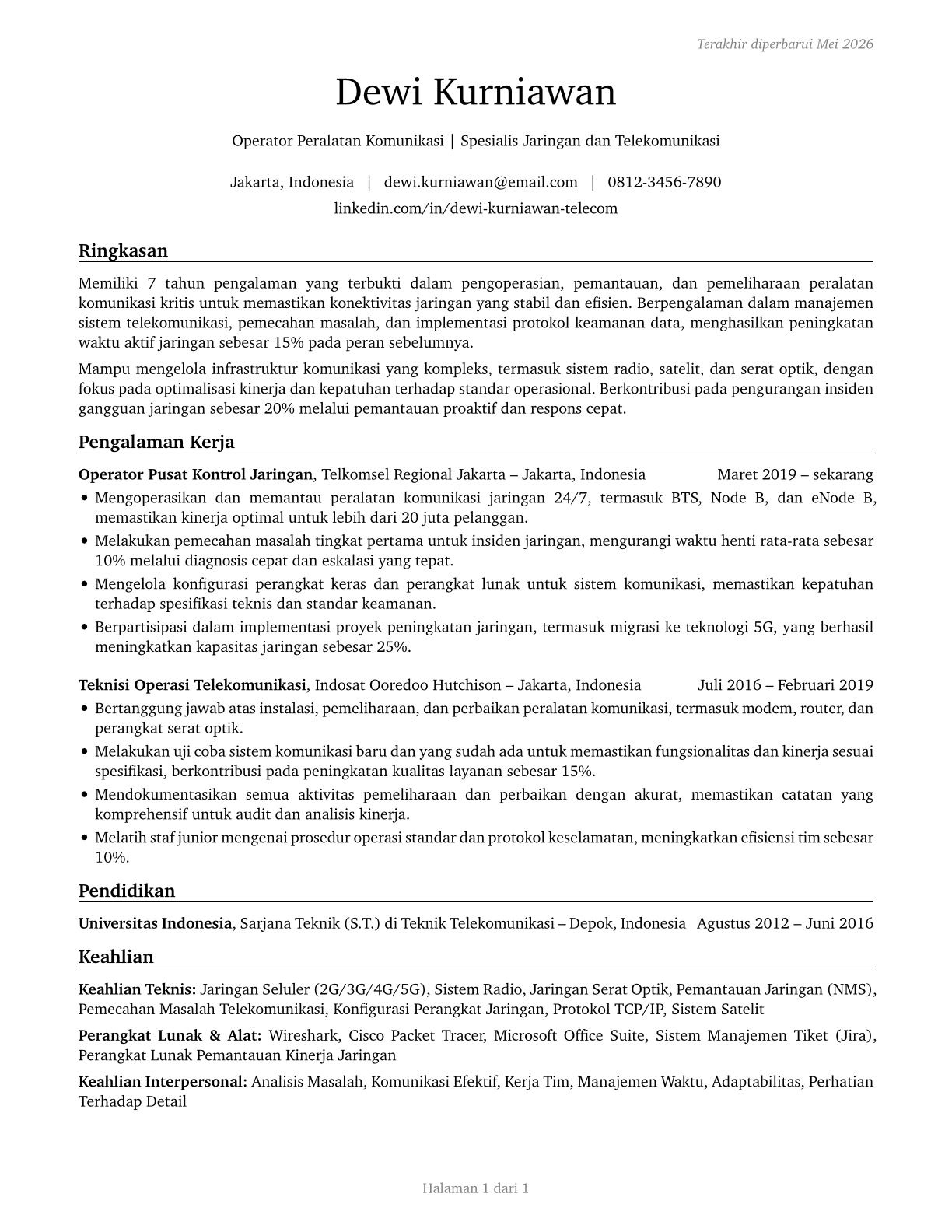 Communications Equipment Operators, All Other CV in Indonesian — page 1
