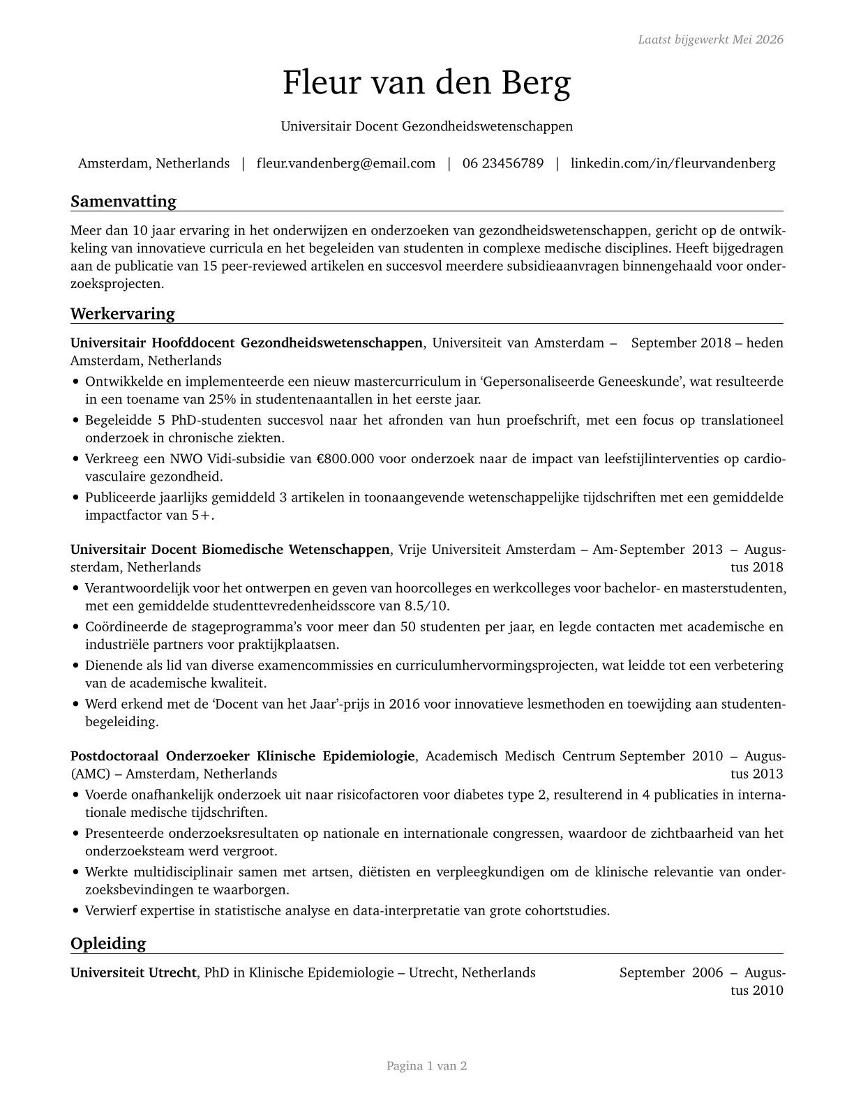 Health Specialties Teachers, Postsecondary CV in Dutch — page 1