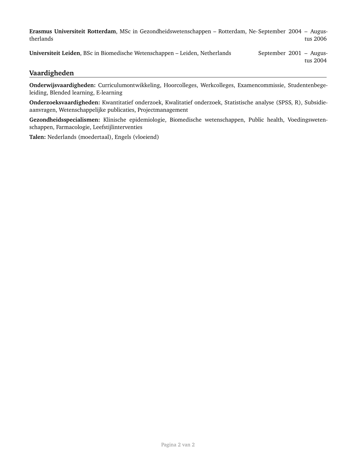 Health Specialties Teachers, Postsecondary CV in Dutch — page 2