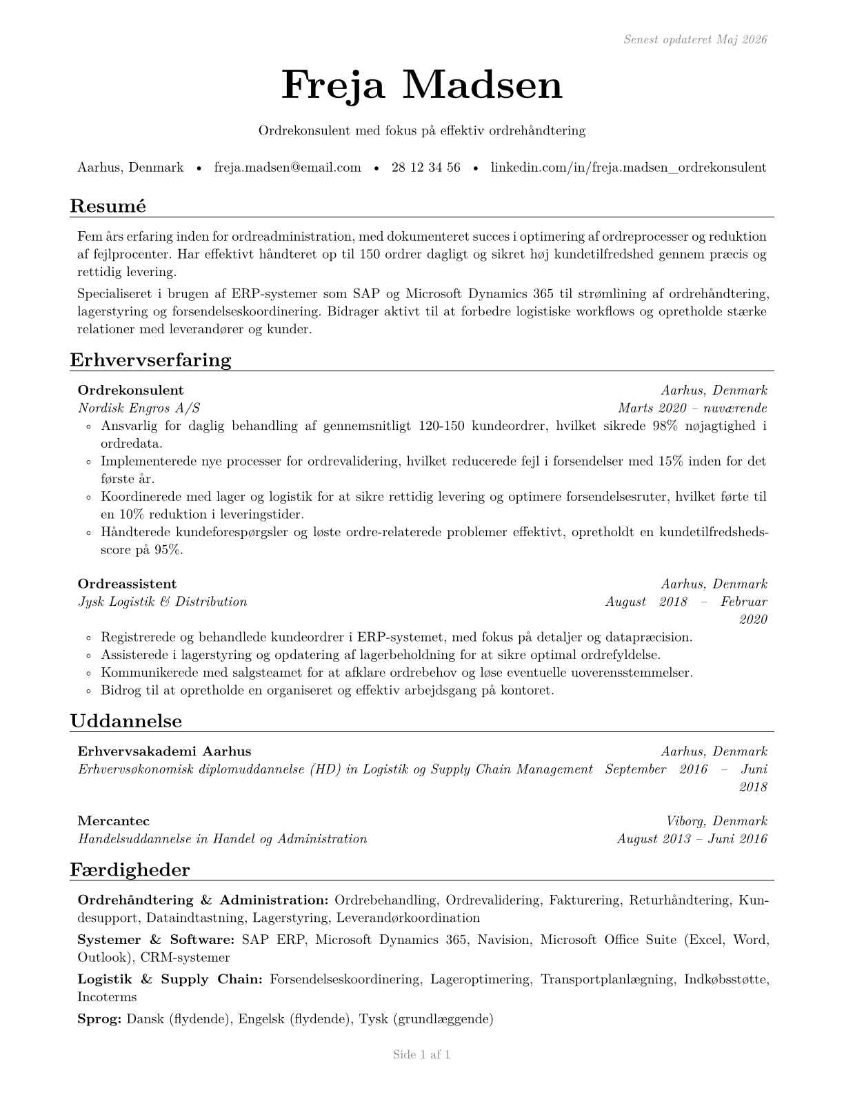 Order Clerks CV in Danish — page 1