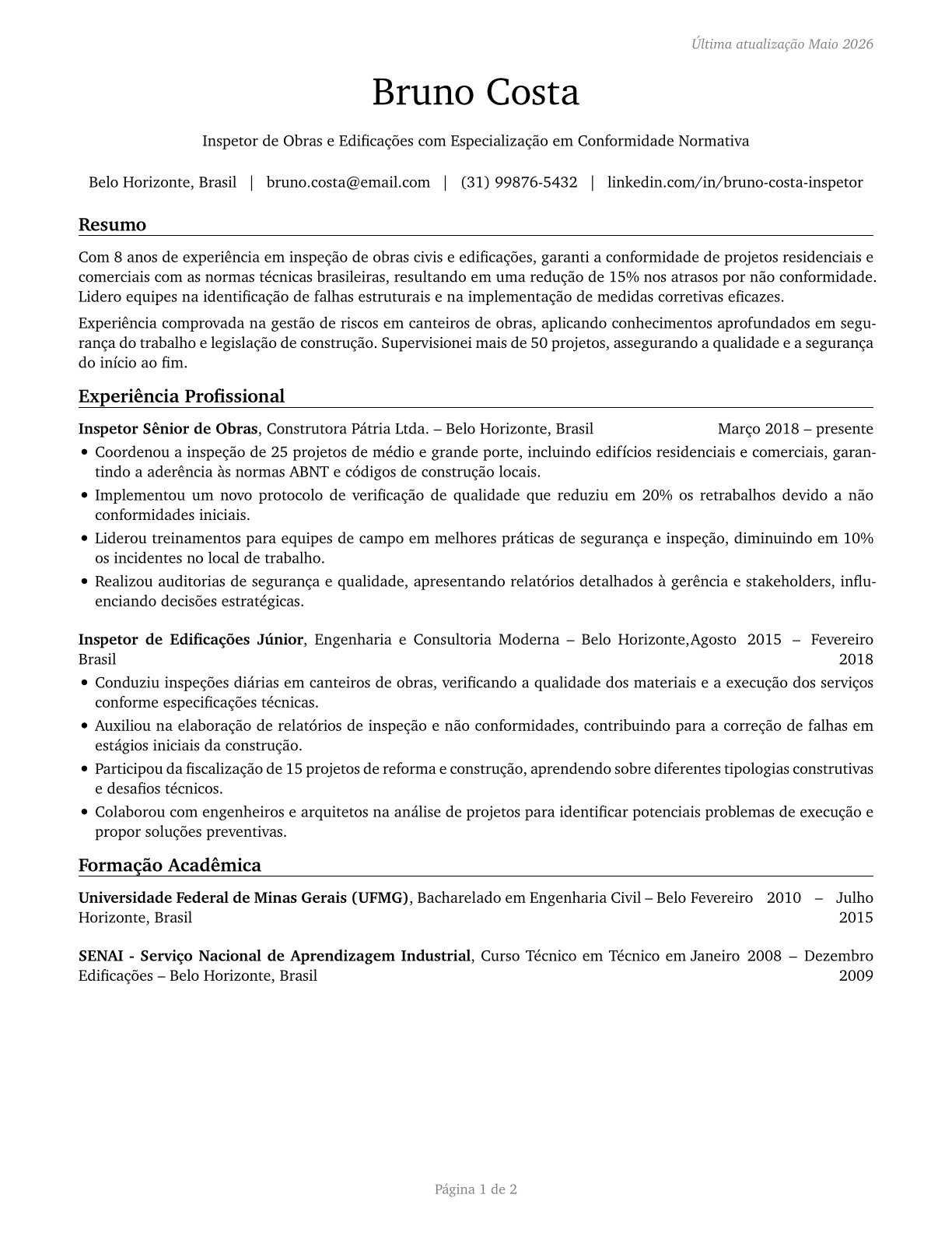 Construction and Building Inspectors CV in Portuguese — page 1