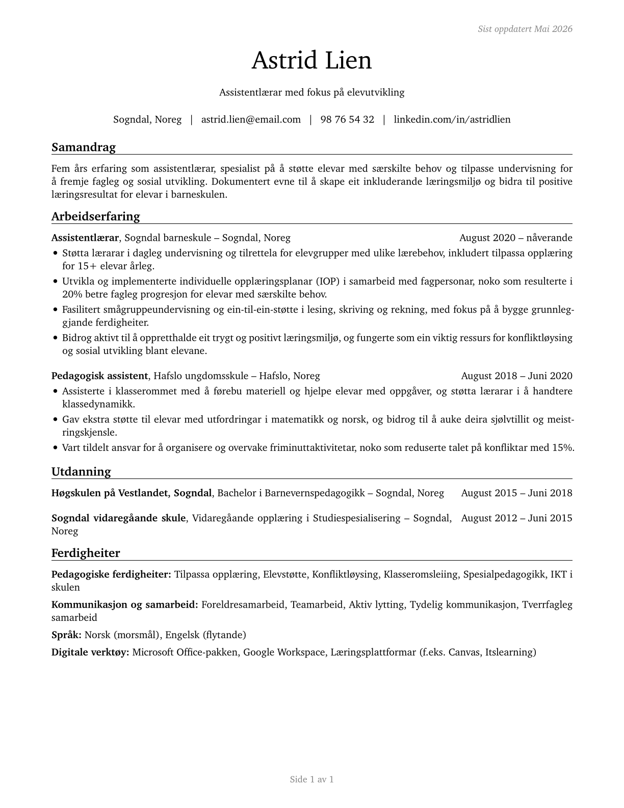 Teaching Assistants, All Other CV in Norwegian_nynorsk — page 1