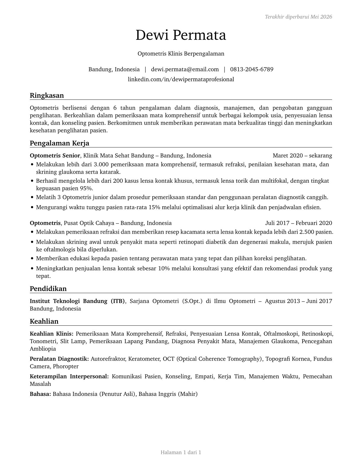Optometrists CV in Indonesian — page 1