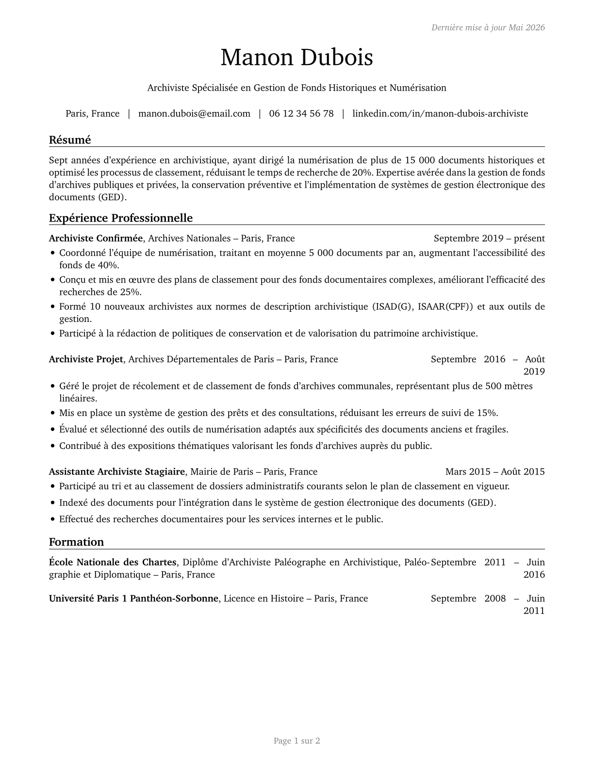 Archivists CV in French — page 1