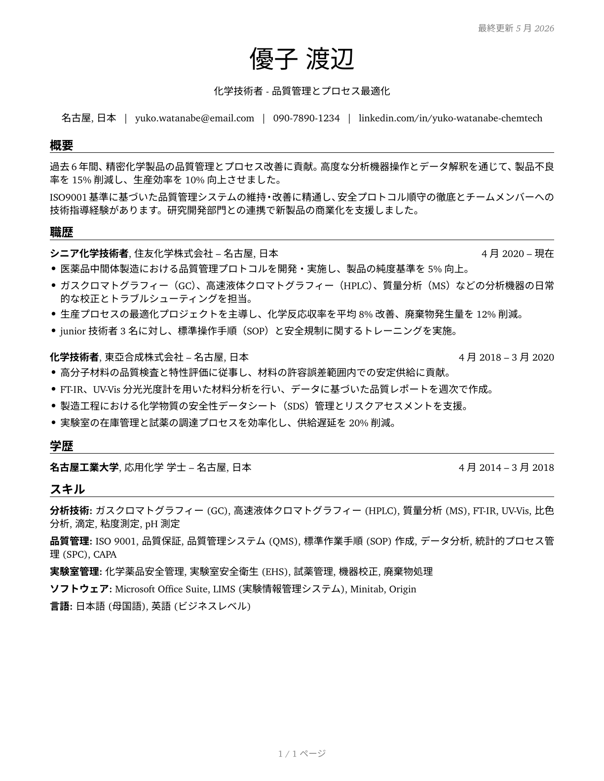 Chemical Technicians CV in Japanese — page 1