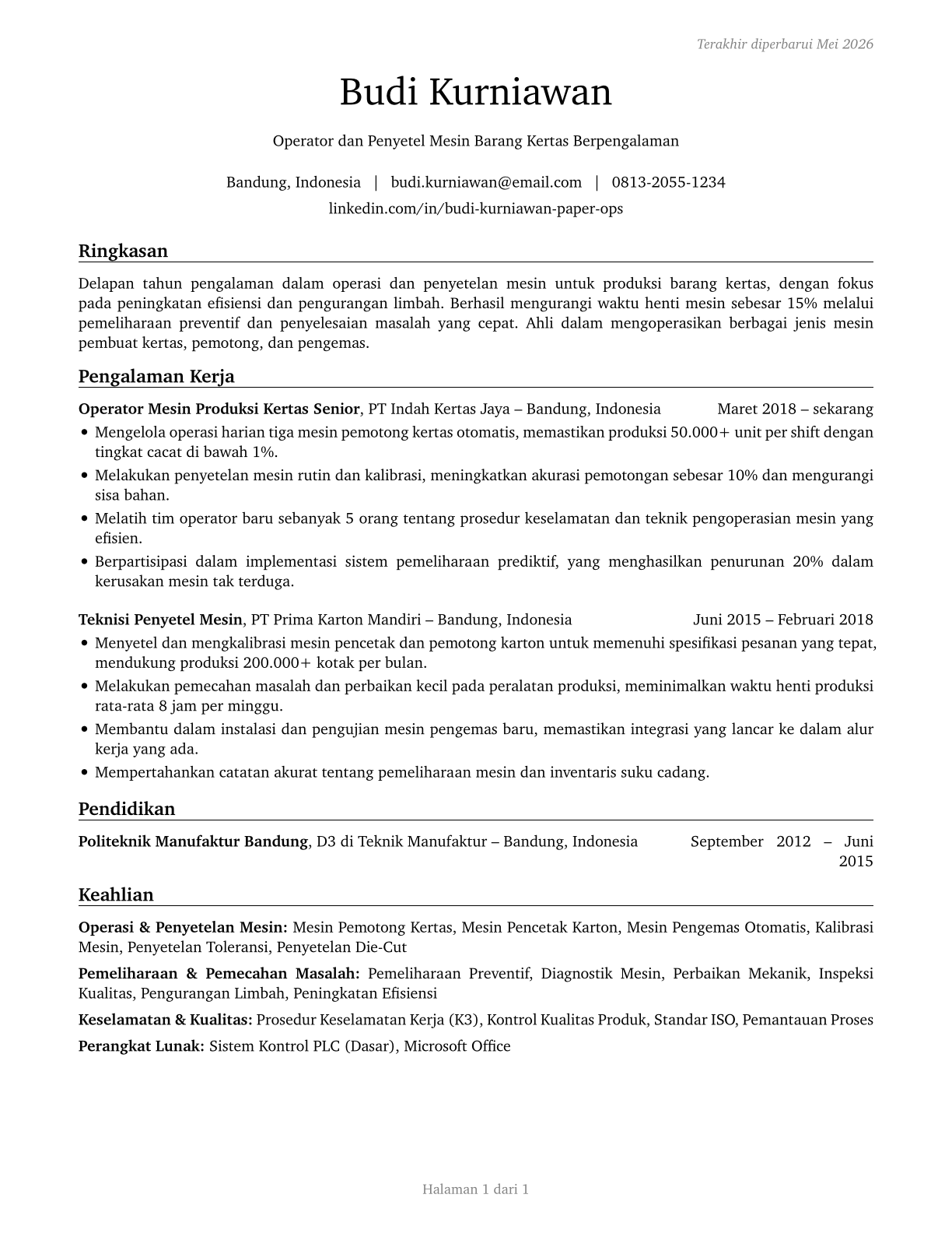 Paper Goods Machine Setters, Operators, and Tenders CV in Indonesian — page 1