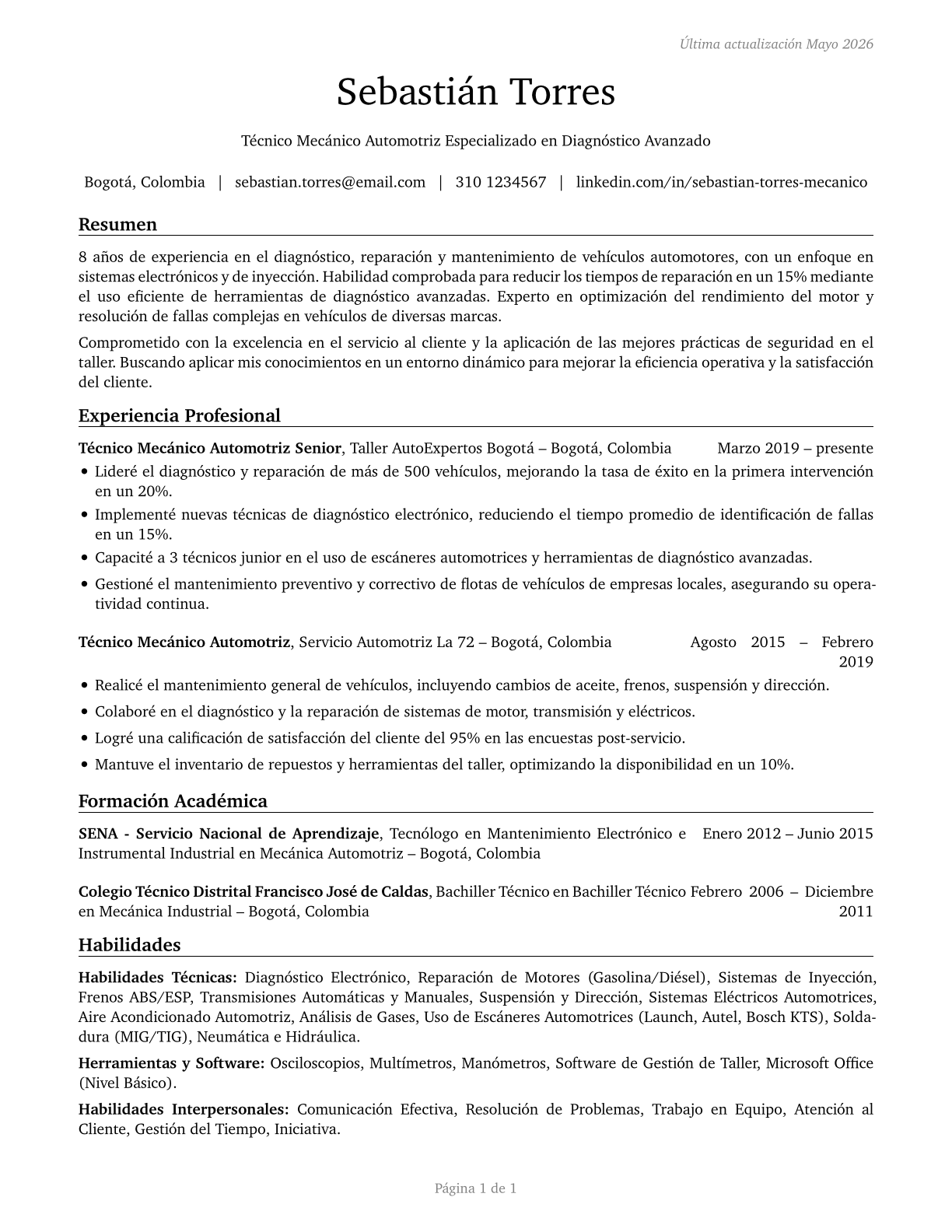 Automotive Service Technicians and Mechanics CV in Spanish — page 1