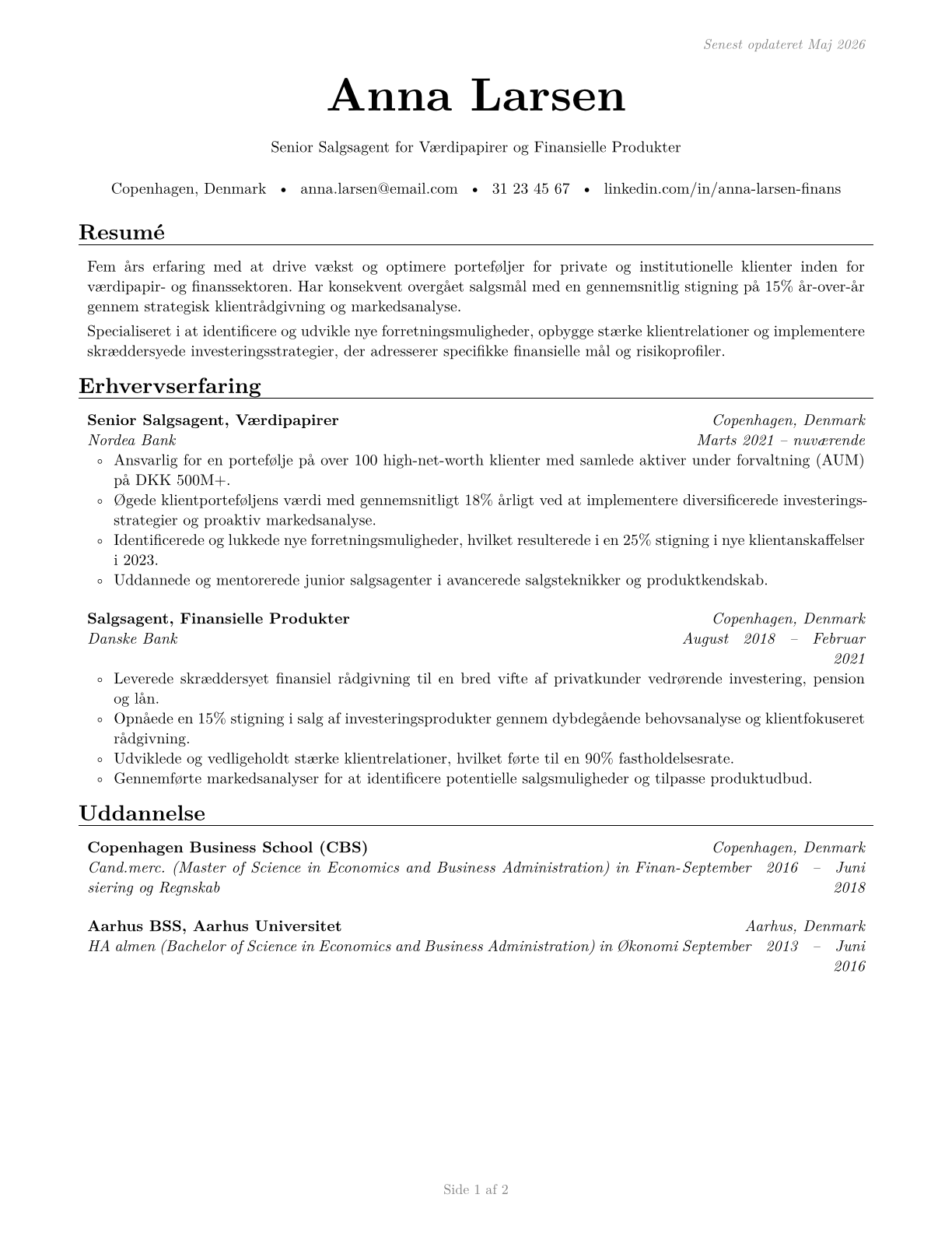 Securities, Commodities, and Financial Services Sales Agents CV in Danish — page 1