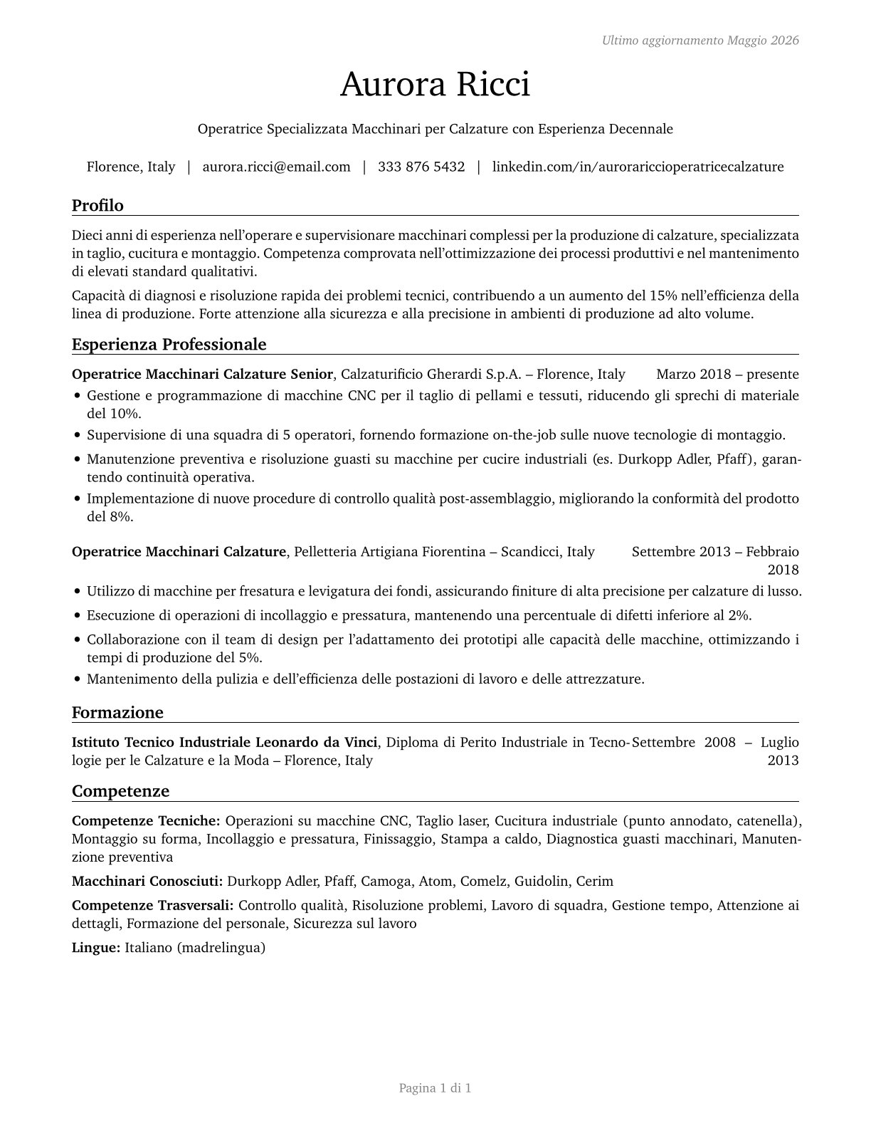 Shoe Machine Operators and Tenders CV in Italian — page 1