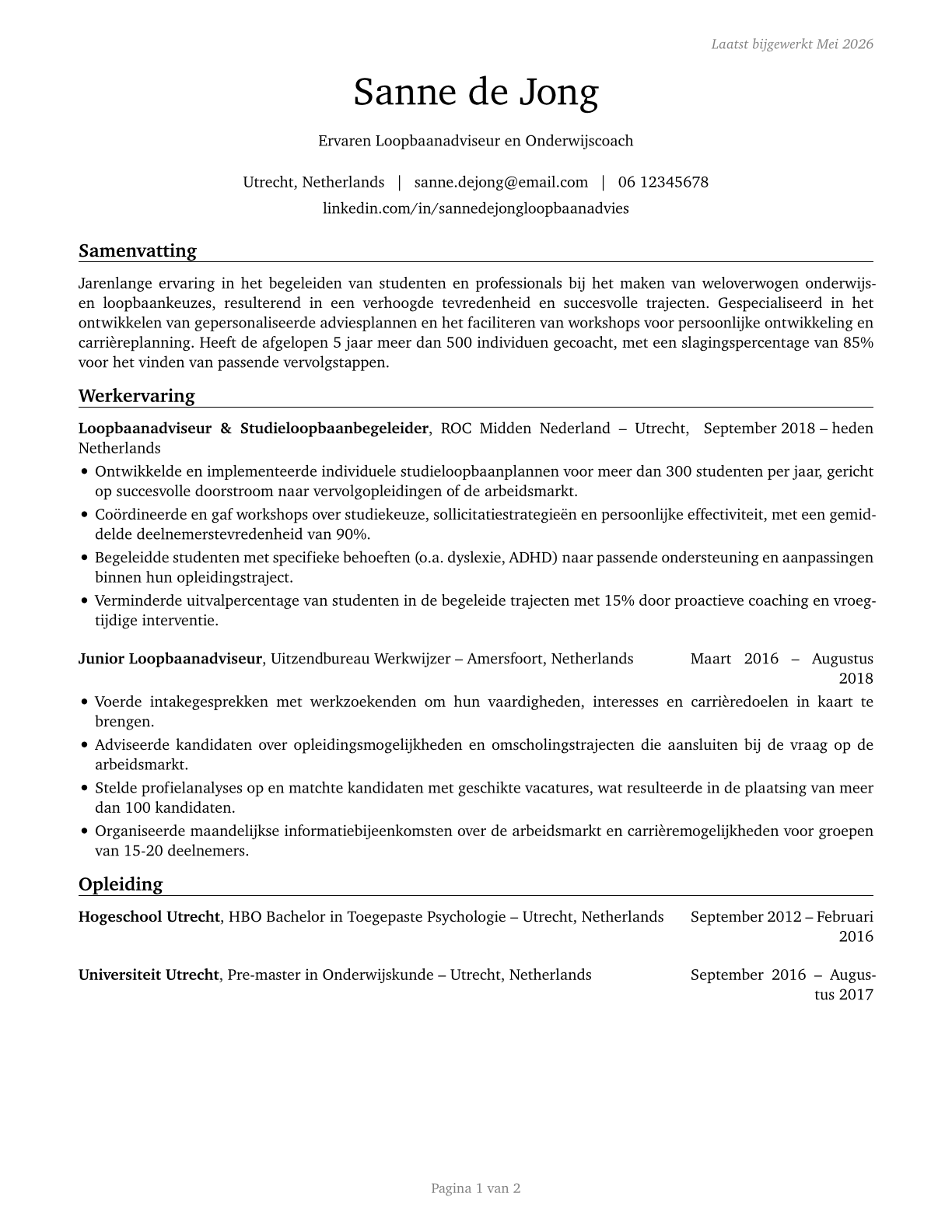 Educational, Guidance, and Career Counselors and Advisors CV in Dutch — page 1