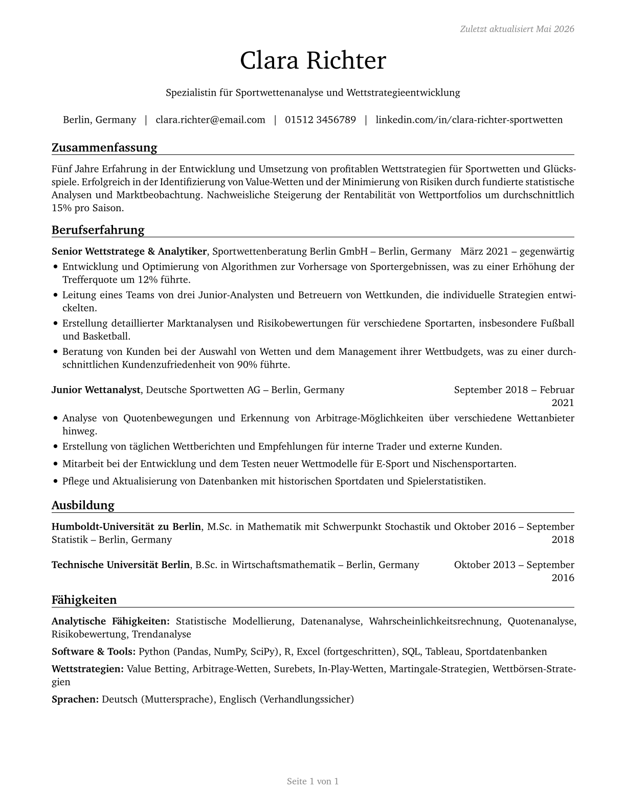 Gambling and Sports Book Writers and Runners CV in German — page 1