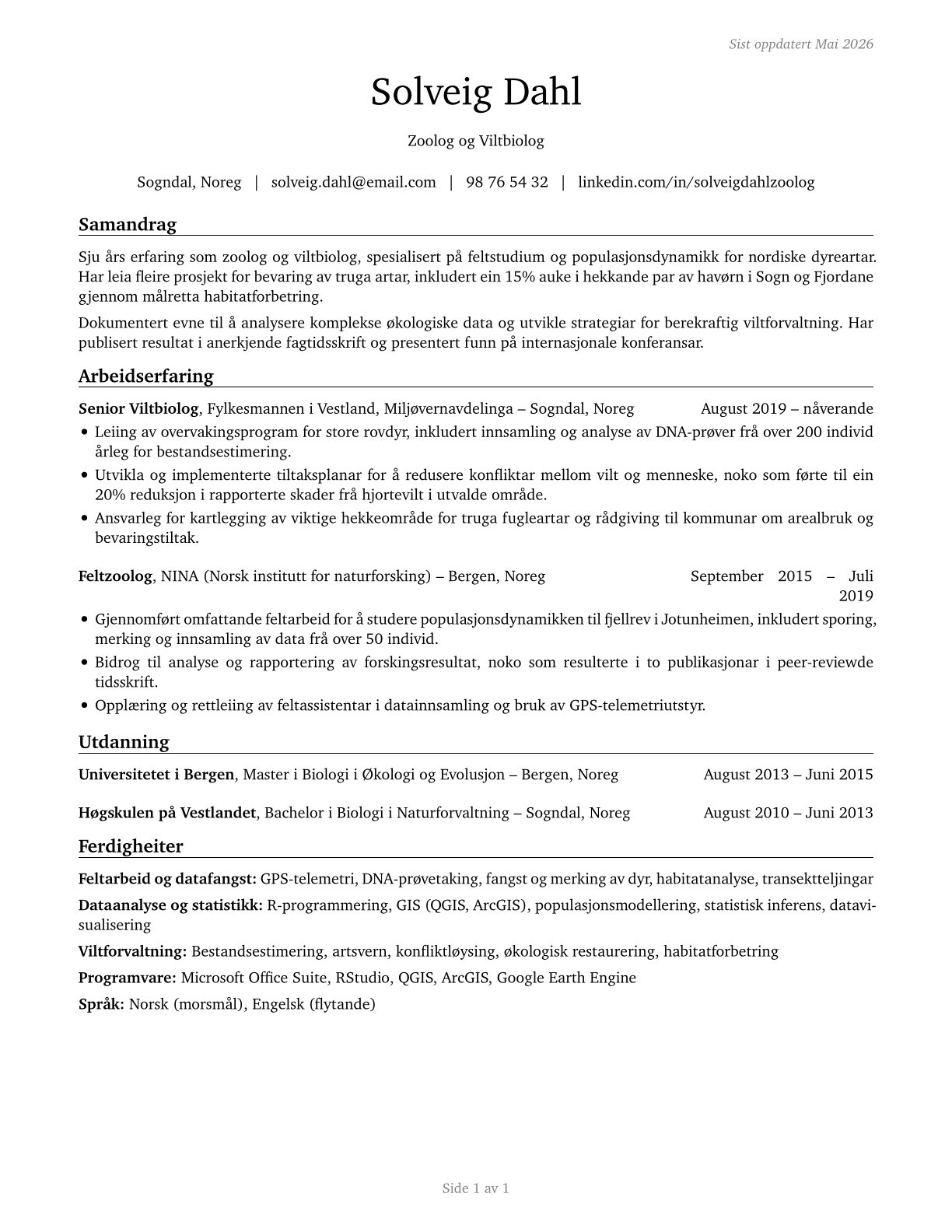 Zoologists and Wildlife Biologists CV in Norwegian_nynorsk — page 1