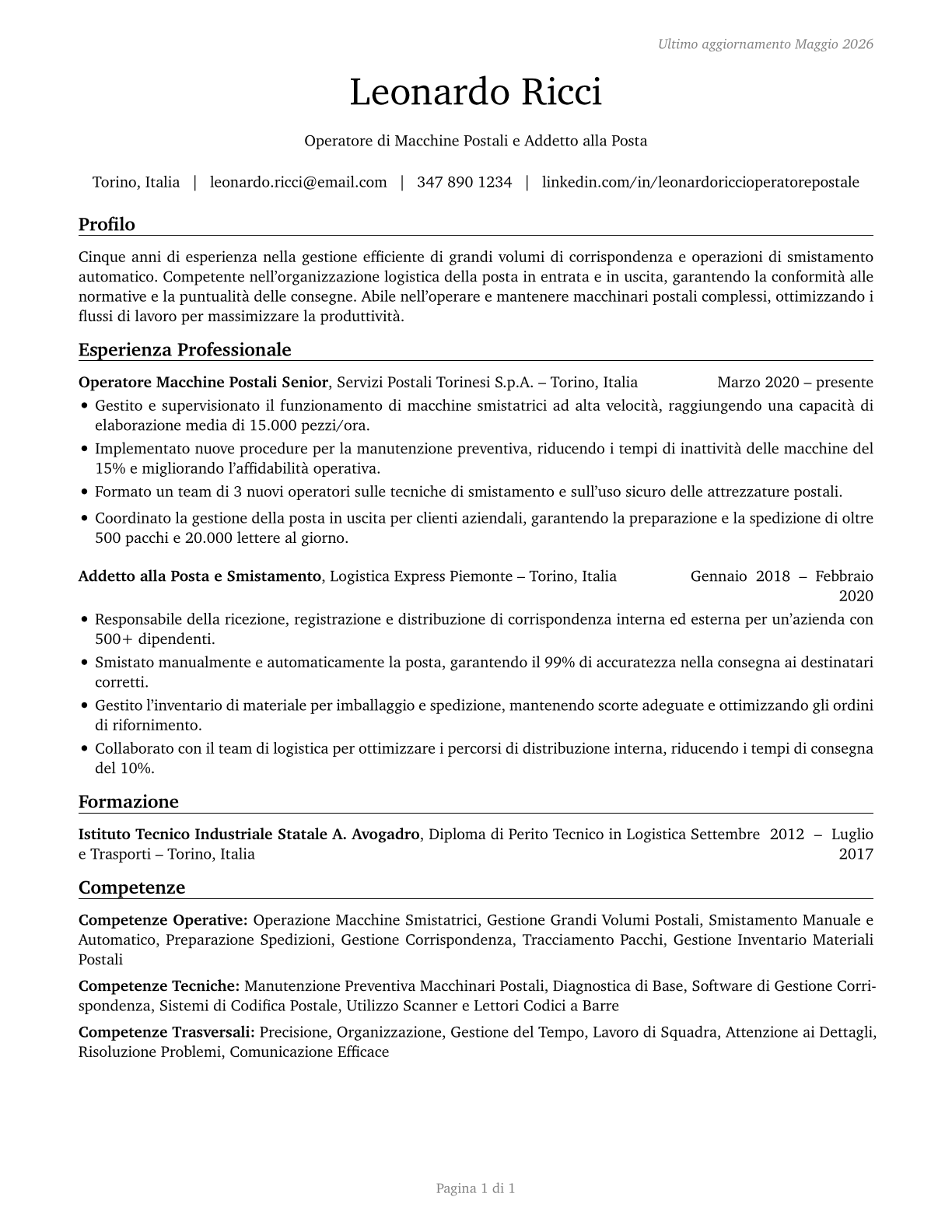 Mail Clerks and Mail Machine Operators, Except Postal Service CV in Italian — page 1