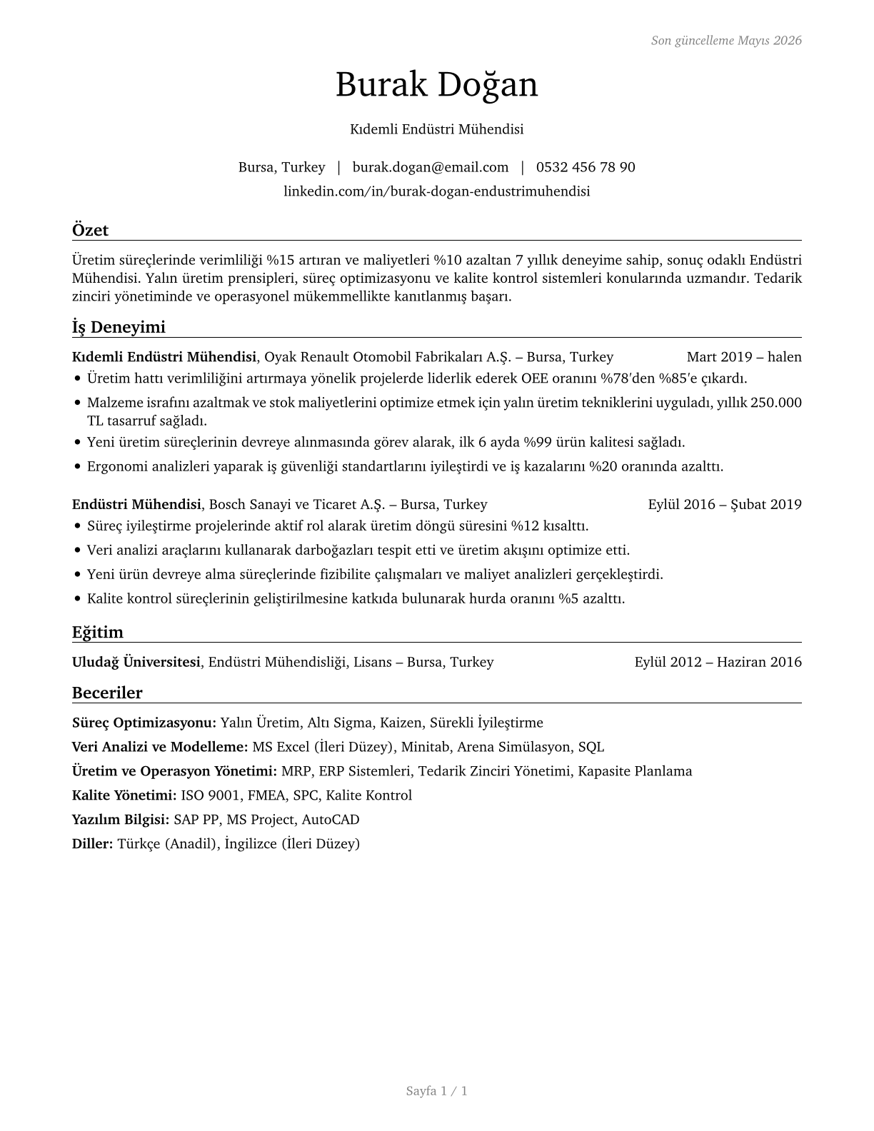 Industrial Engineers CV in Turkish — page 1