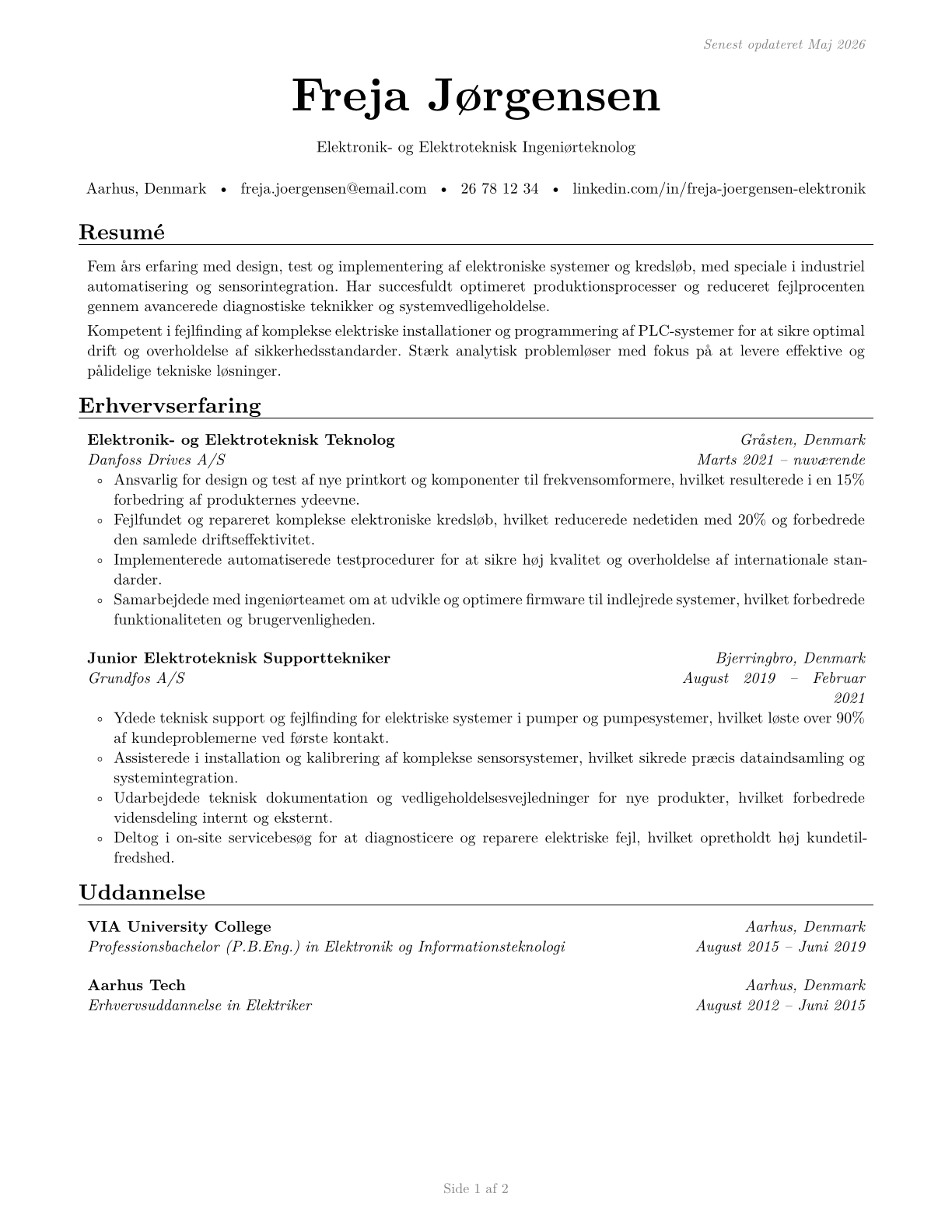Electrical and Electronic Engineering Technologists and Technicians CV in Danish — page 1