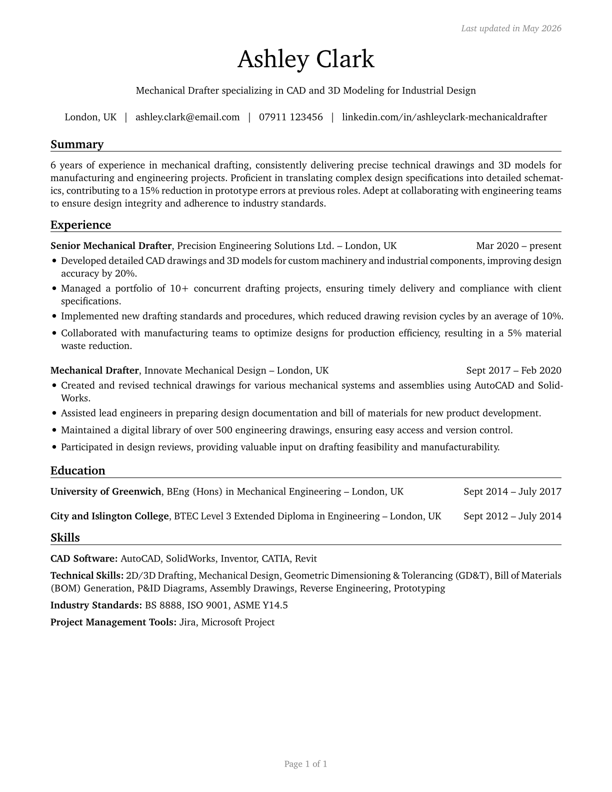 Mechanical Drafters CV in English — page 1