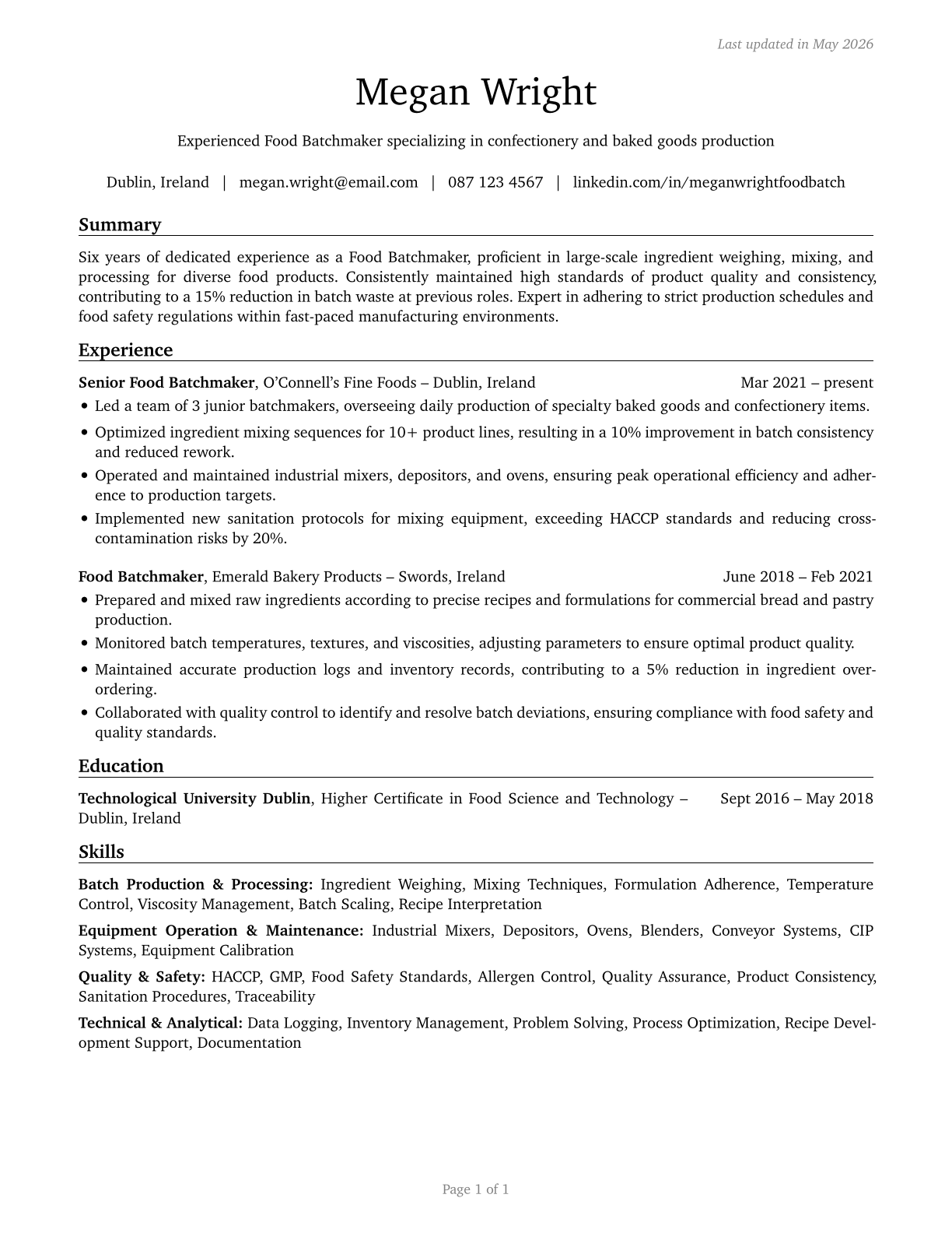 Food Batchmakers CV in English — page 1