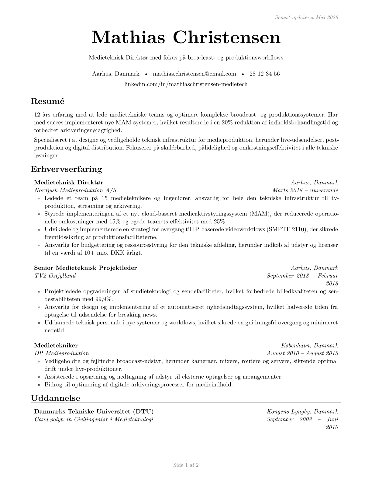 Media Technical Directors/Managers CV in Danish — page 1
