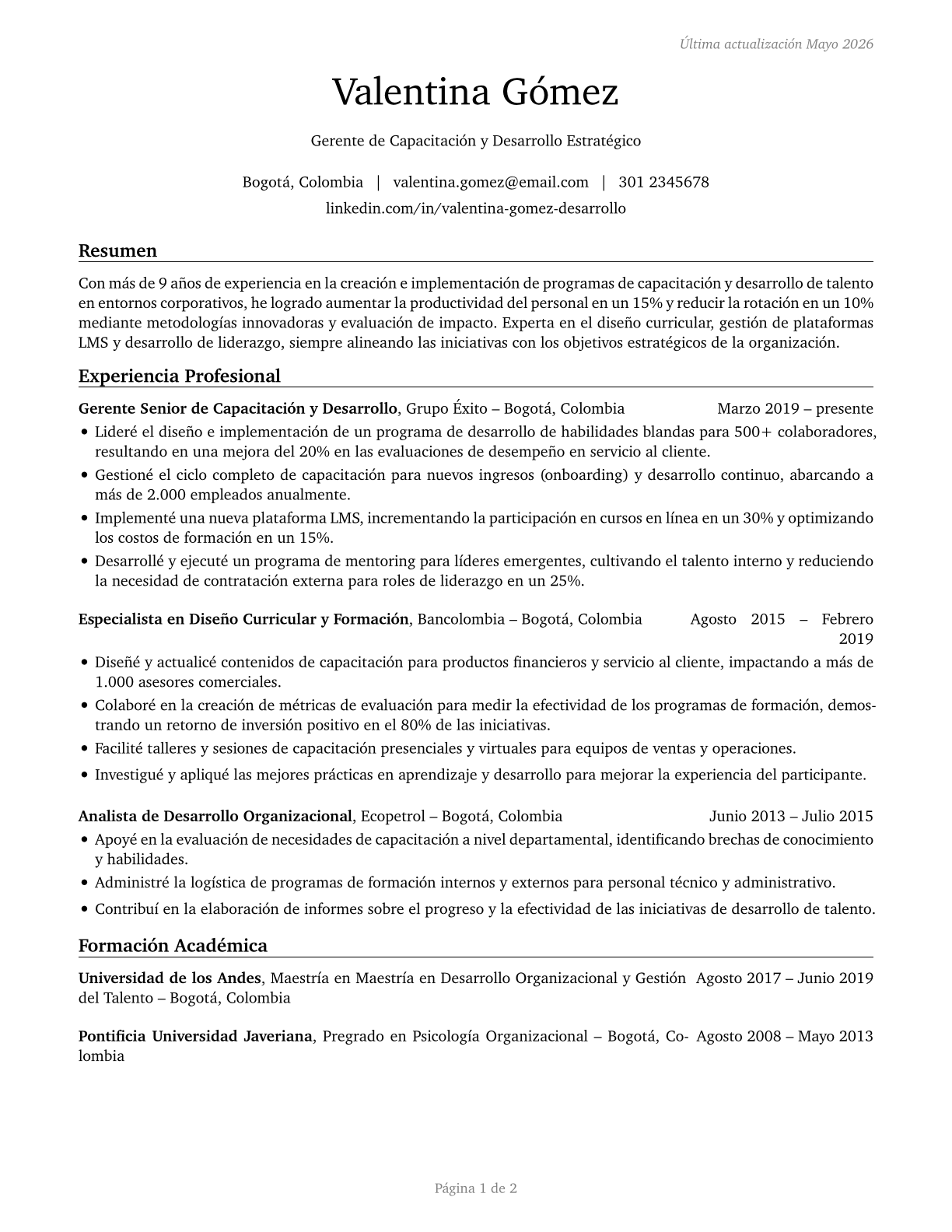 Training and Development Managers CV in Spanish — page 1