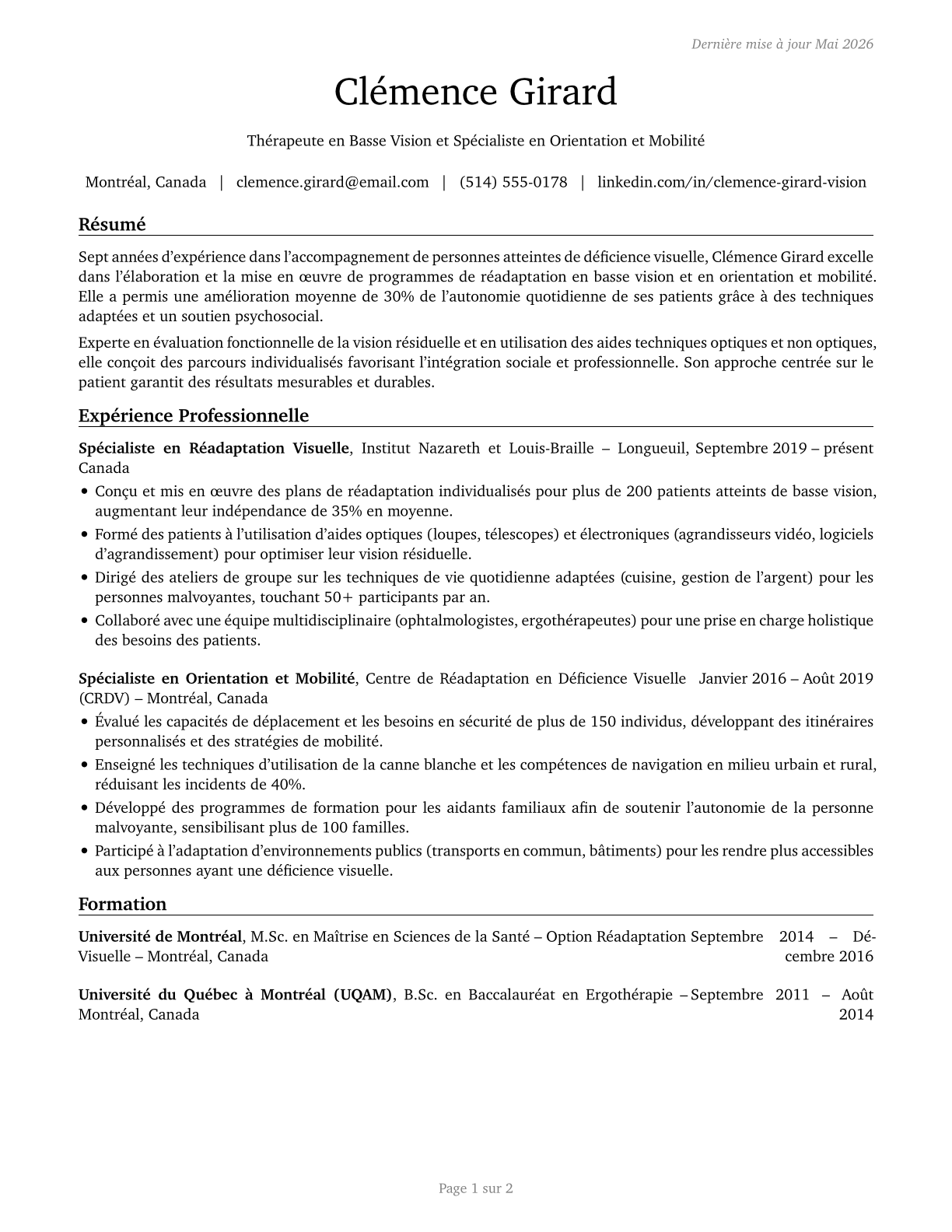 Low Vision Therapists, Orientation and Mobility Specialists, and Vision Rehabilitation Therapists CV in French — page 1