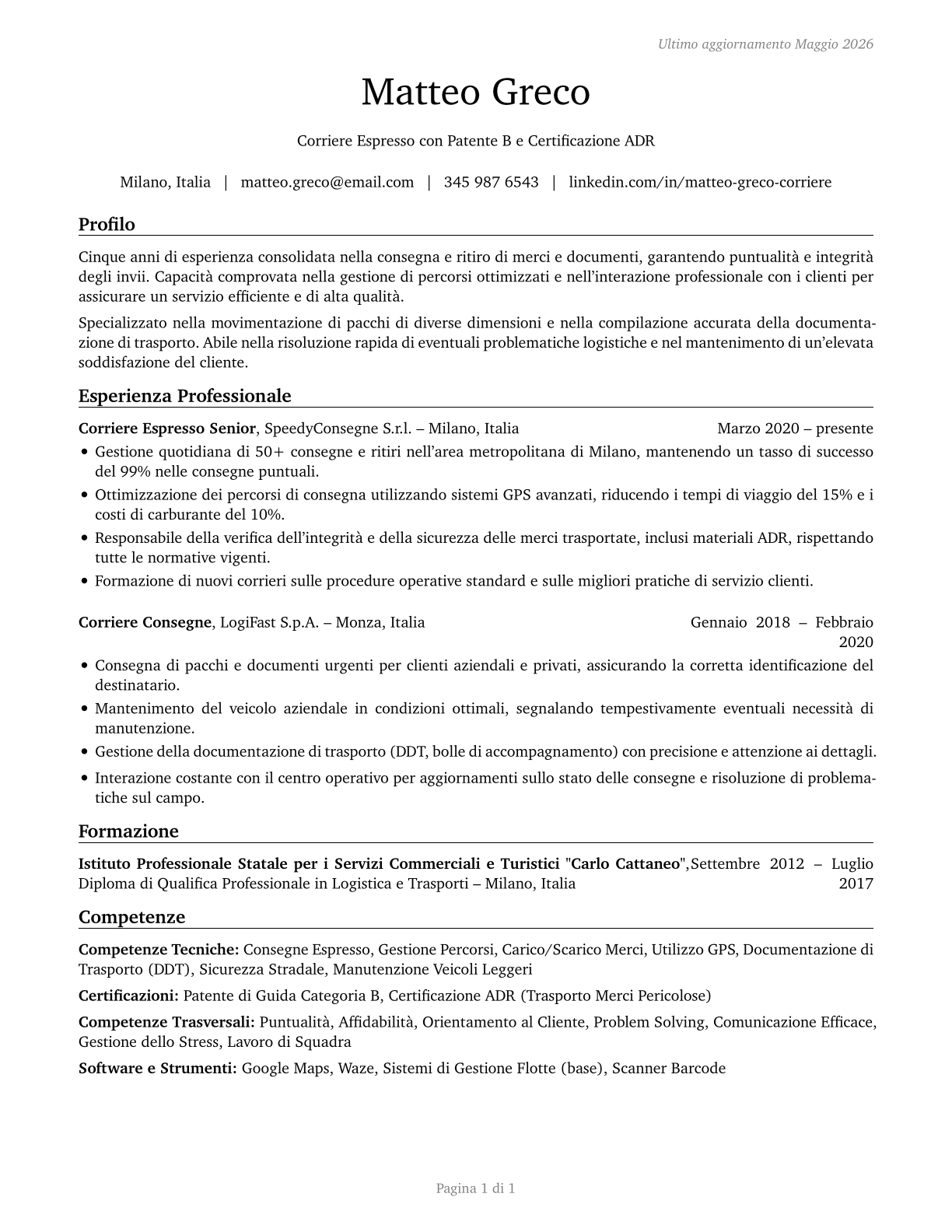 Couriers and Messengers CV in Italian — page 1