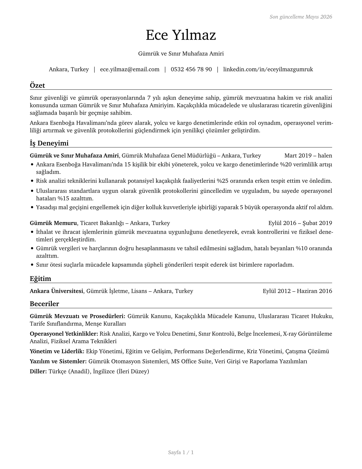 Customs and Border Protection Officers CV in Turkish — page 1