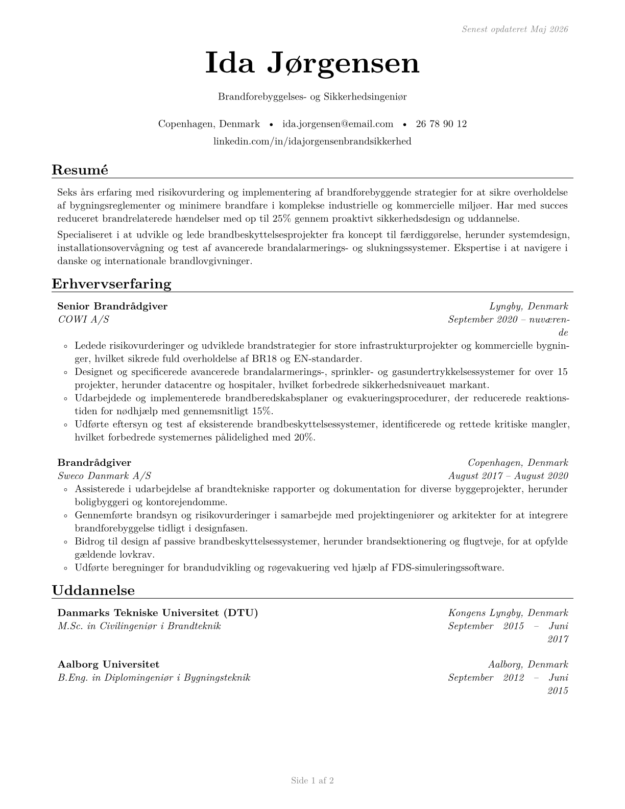 Fire-Prevention and Protection Engineers CV in Danish — page 1
