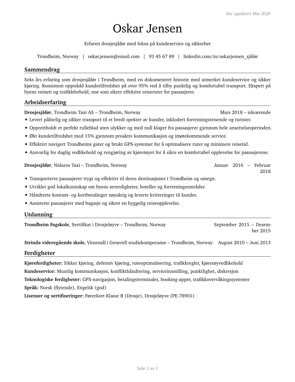 Taxi Drivers CV in Norwegian_bokmal — page 1