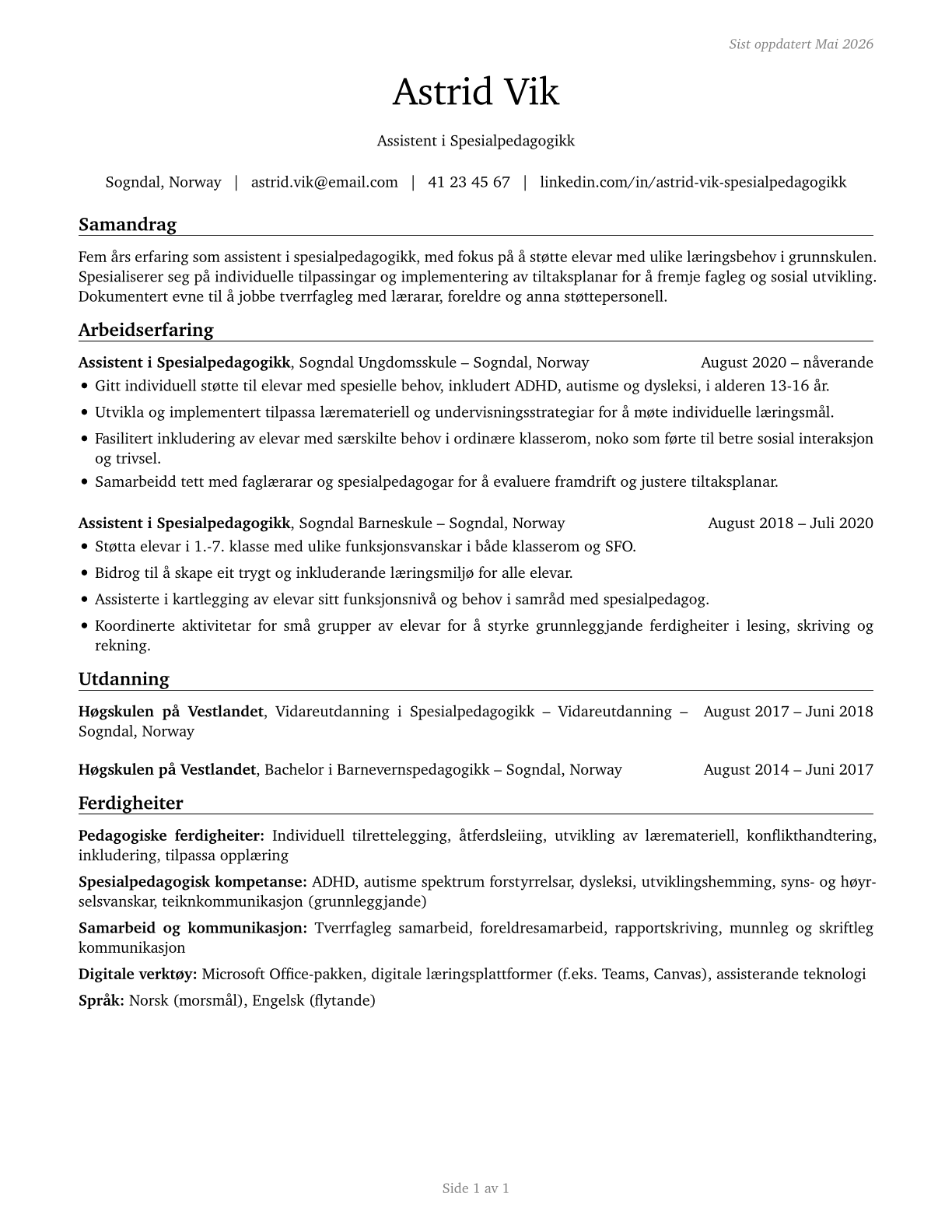 Teaching Assistants, Special Education CV in Norwegian_nynorsk — page 1