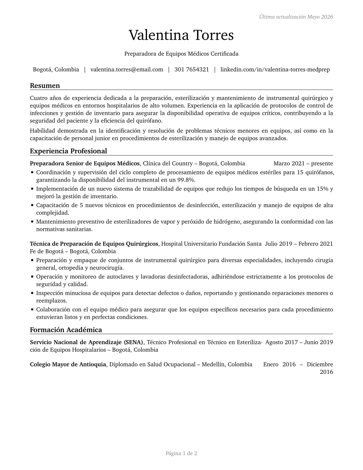 Medical Equipment Preparers CV in Spanish — page 1